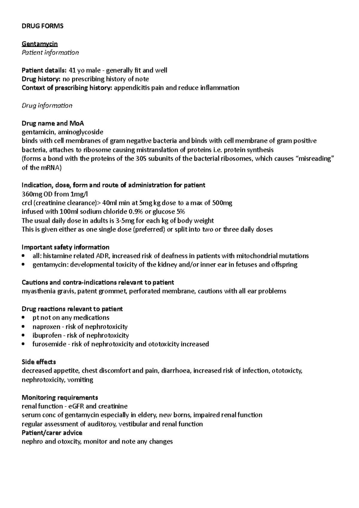 Drugs - DRUG FORMS Gentamycin Patient information Patient details: 41 ...