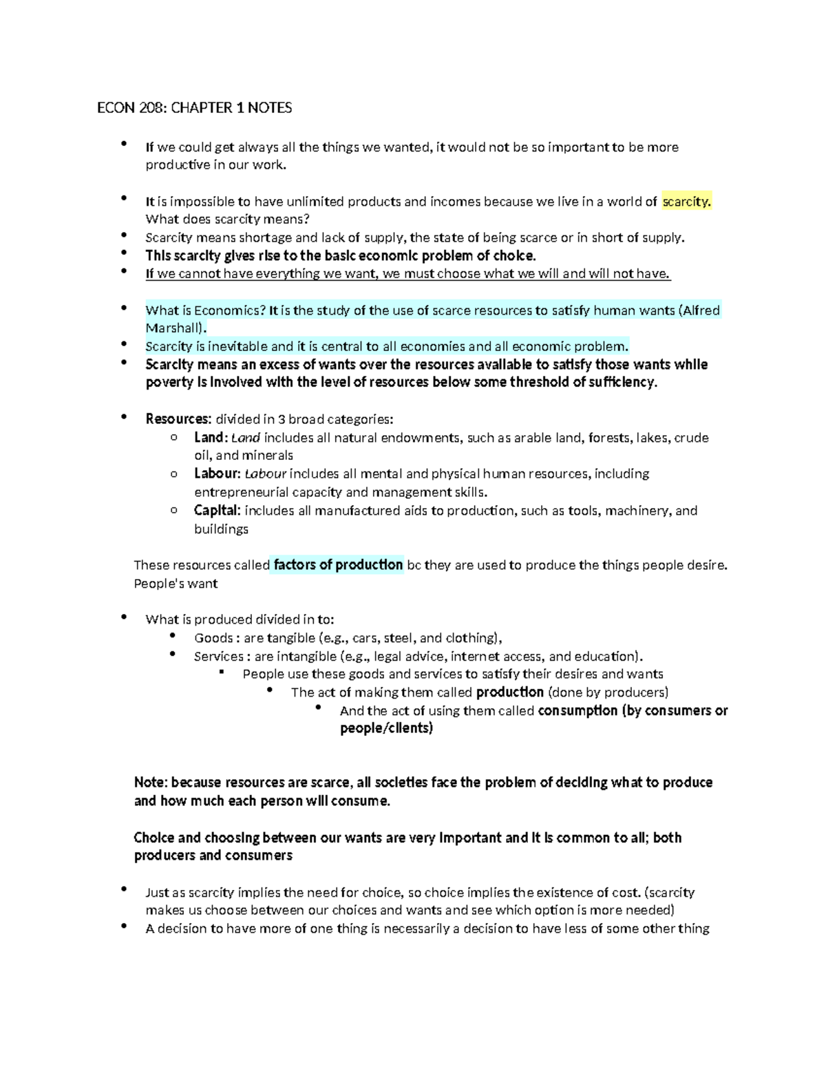 ECON 208 Chapter 1 Notes - ECON 208: CHAPTER 1 NOTES If we could get ...