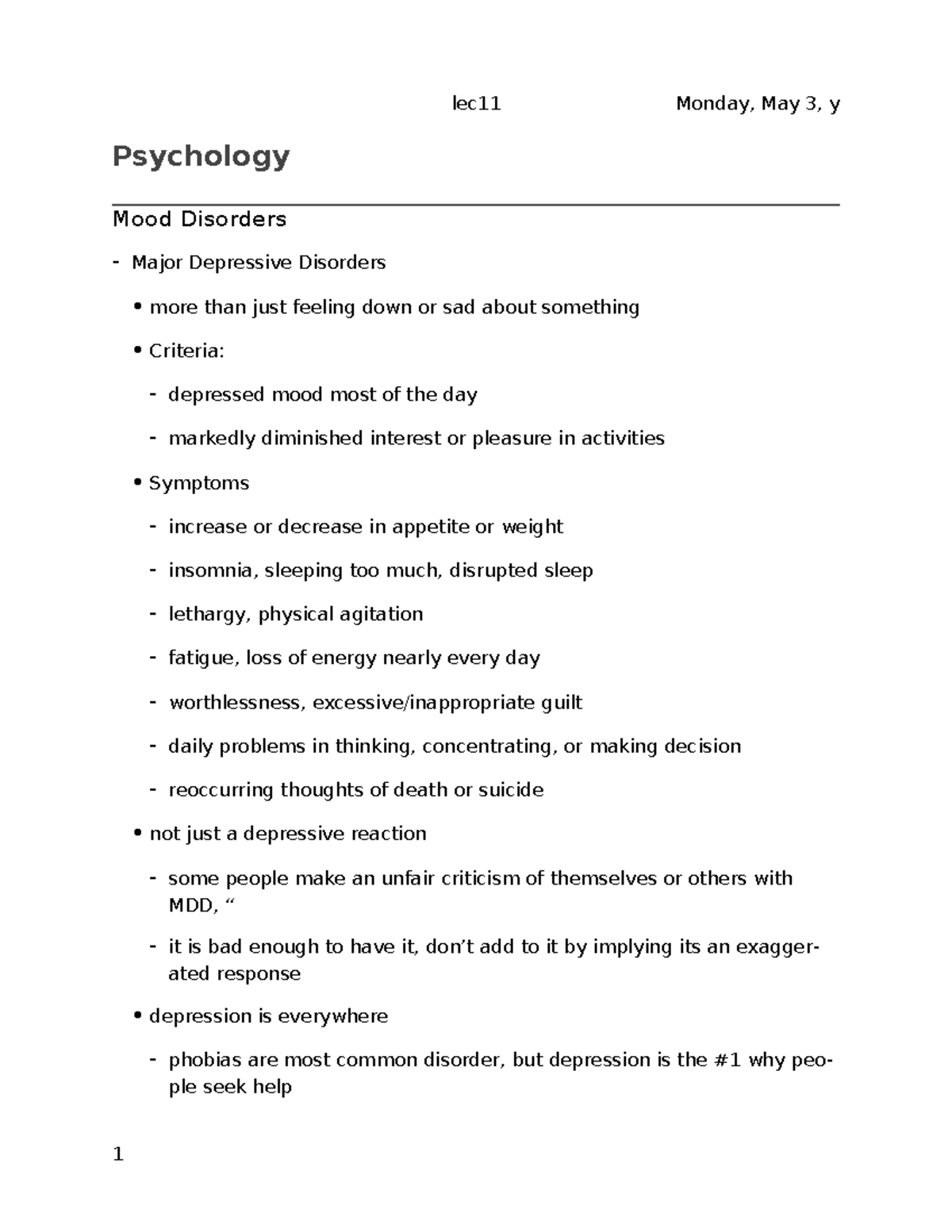 Lec11 - Lecture notes 11 - Psychology Mood Disorders - Major Depressive ...