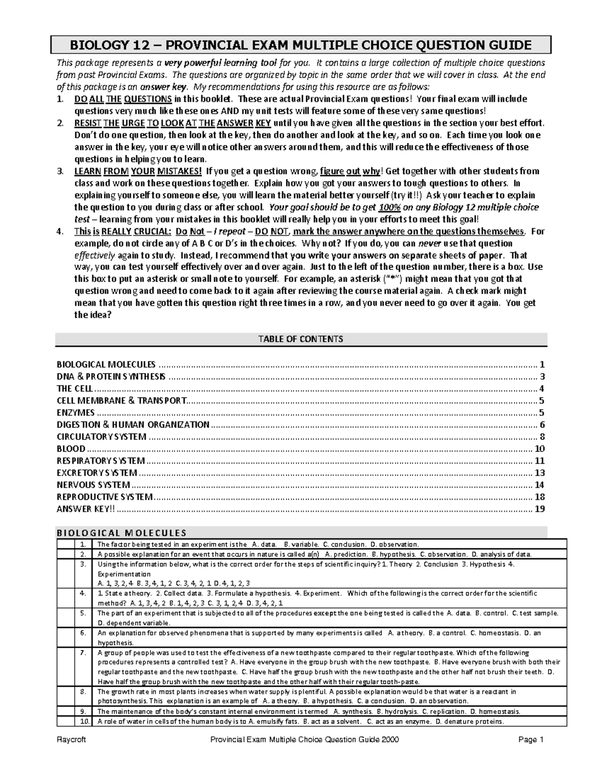 Provincial exam multiple choice question guide 2000 - BIOLOGY 12 ...