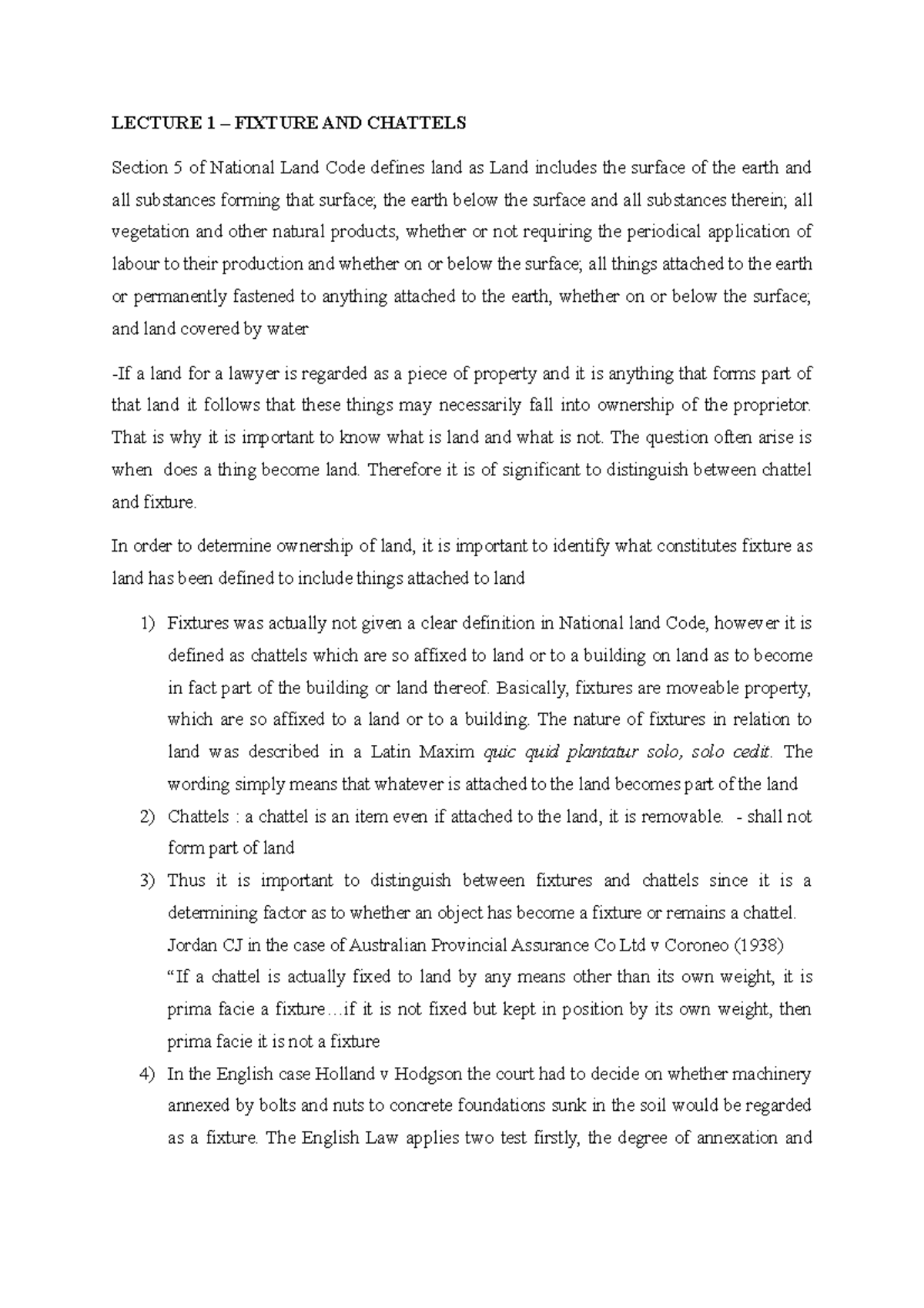 Fixture and Chattel Notes FIRST LECTURE LECTURE 1 FIXTURE AND