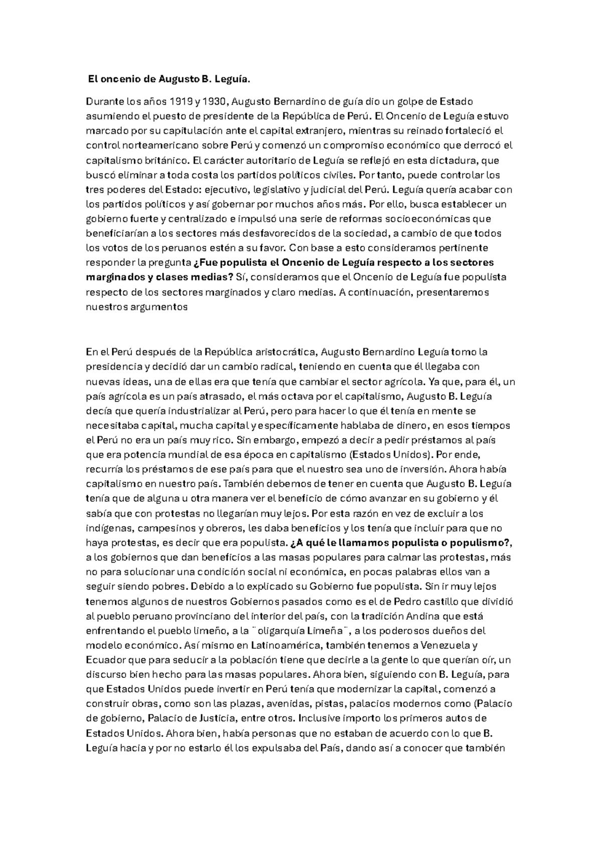 El Oncenio De Augusto B Ensayo - El Oncenio De Augusto B. Leguía ...