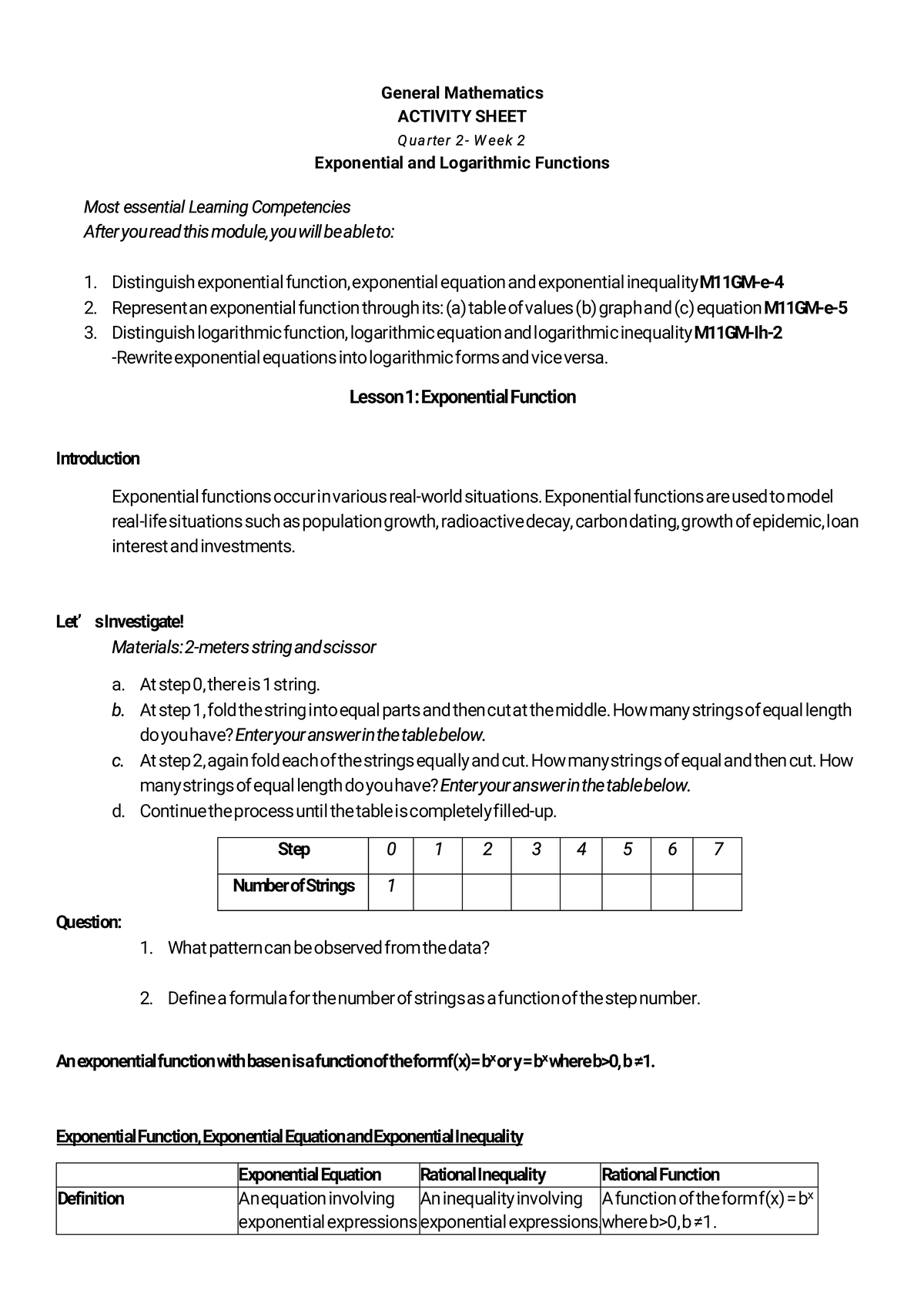 Exponential-function - General Mathematics ACTIVITY SHEET Exponential ...