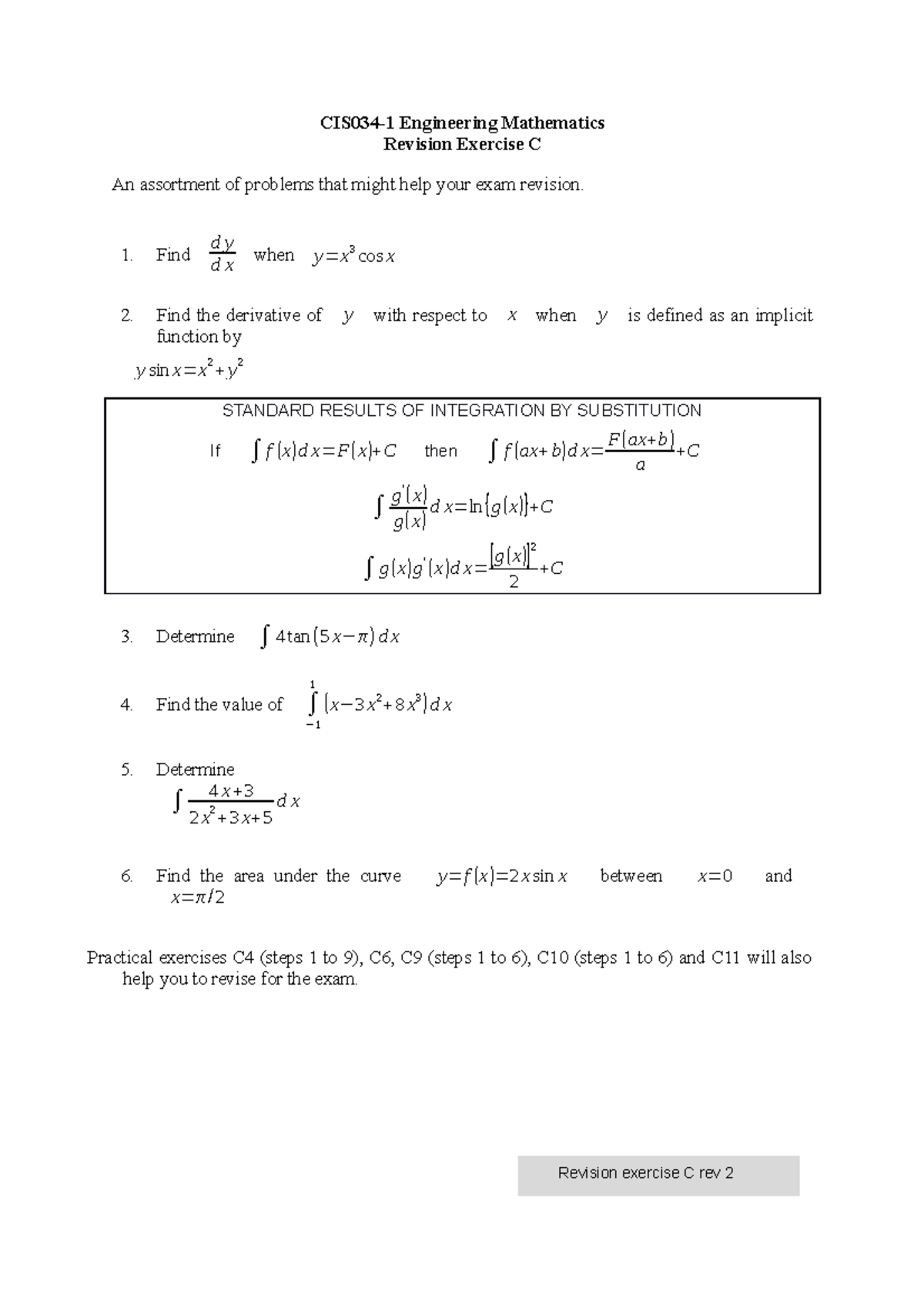 CIS034-1 Revision exercise C - CIS034-1 Engineering Mathematics ...