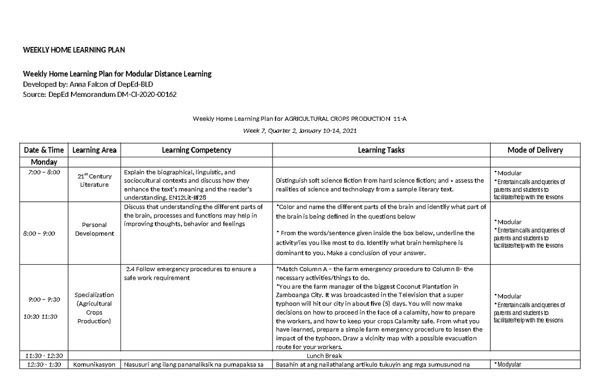 WEEK 3- WEEKLY HOME LEARNING PLAN (WHLP) is essential for guiding ...