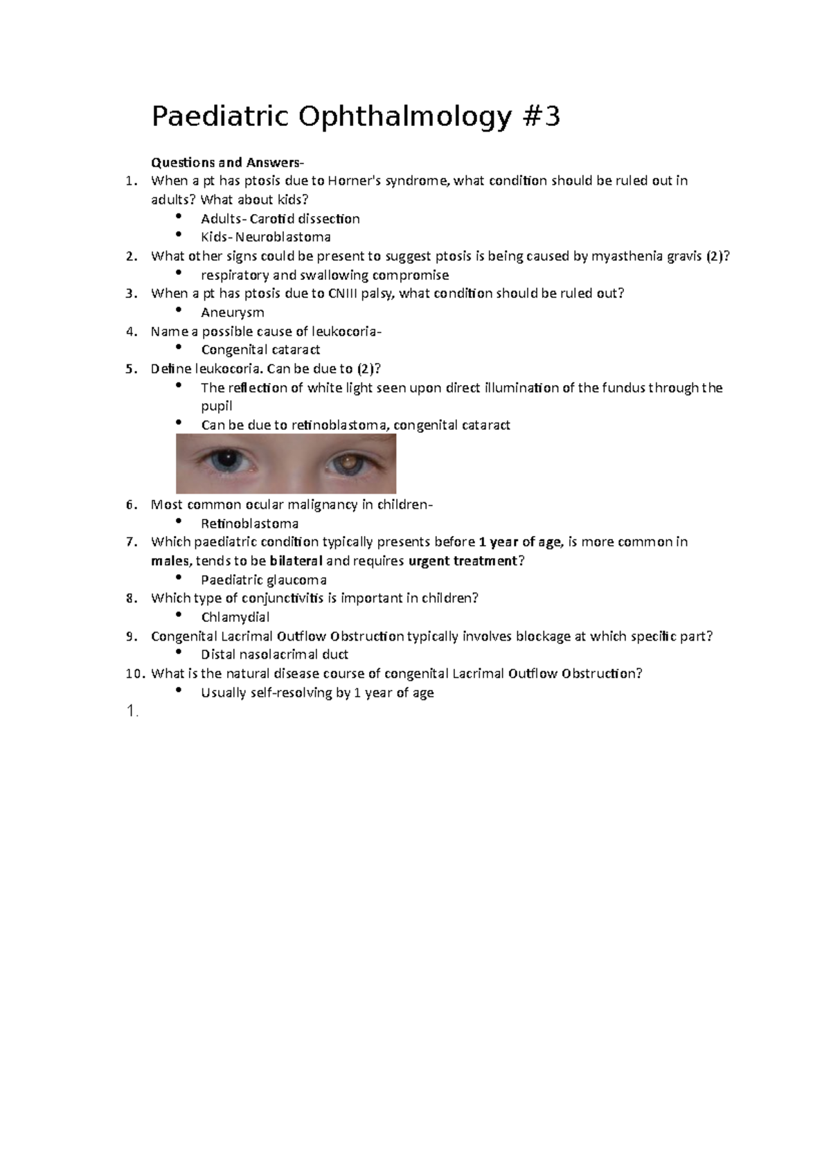 Paediatric Ophthalmology 3 Paediatric Ophthalmology Questions and