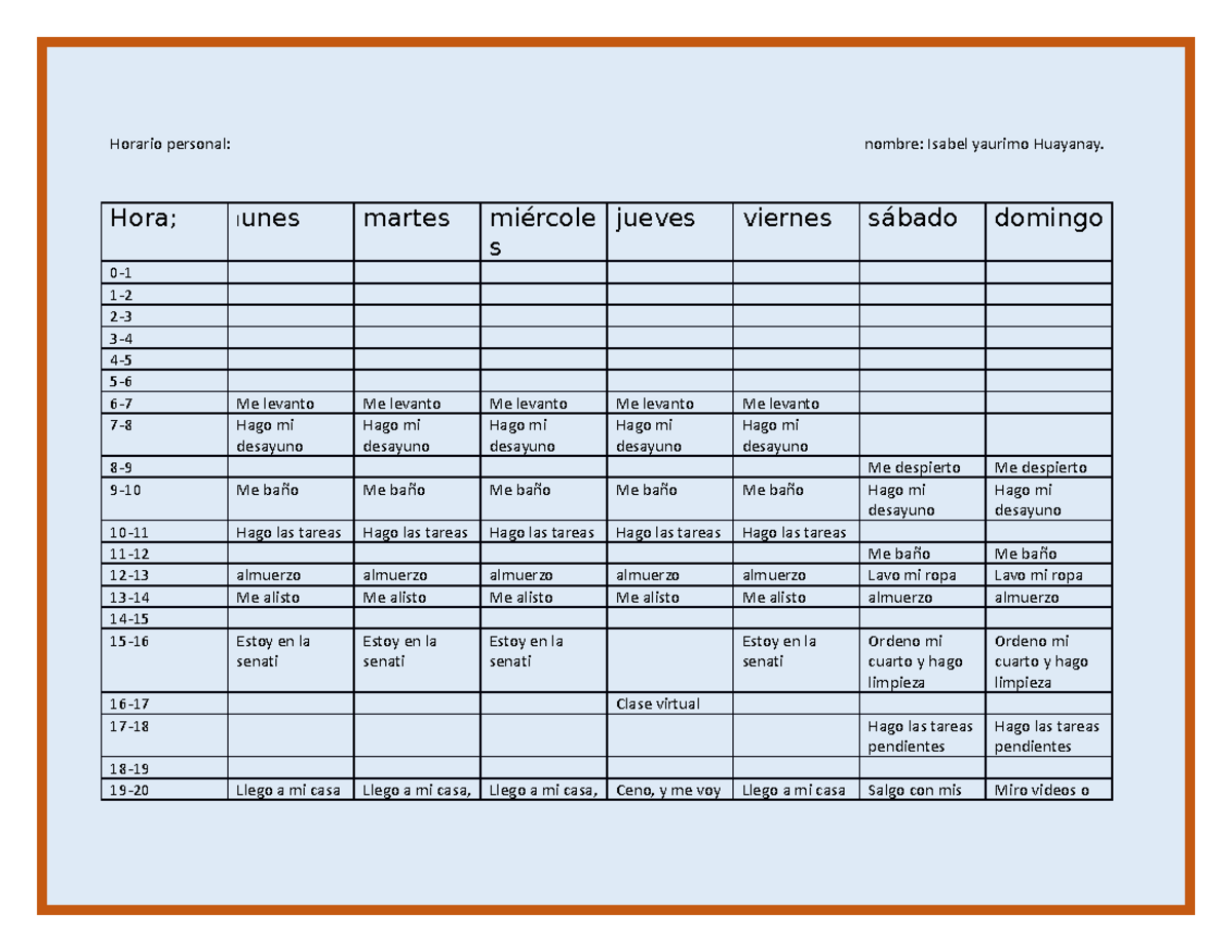 Horario personal facil Horario personal nombre Isabel yaurimo