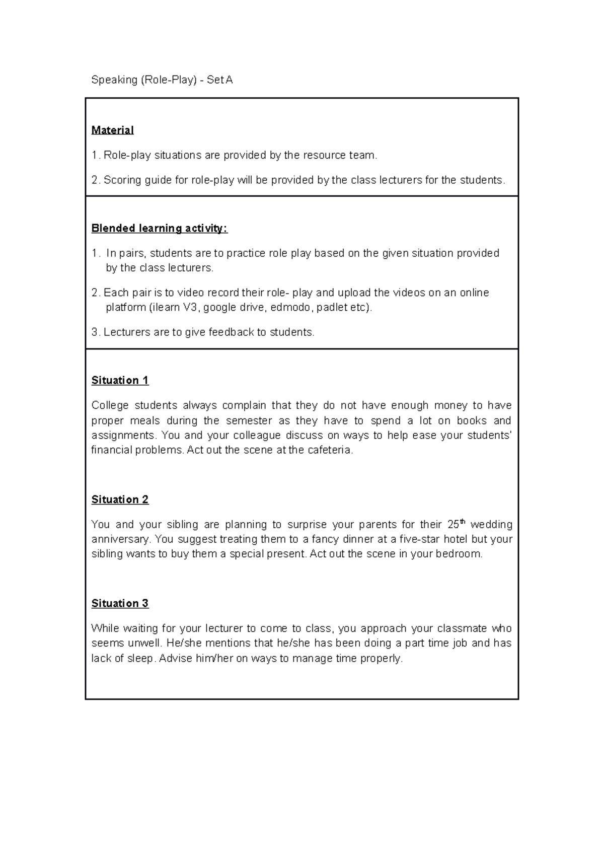 WEEK 5 Speaking Practice - Speaking (Role-Play) - Set A Material Role ...