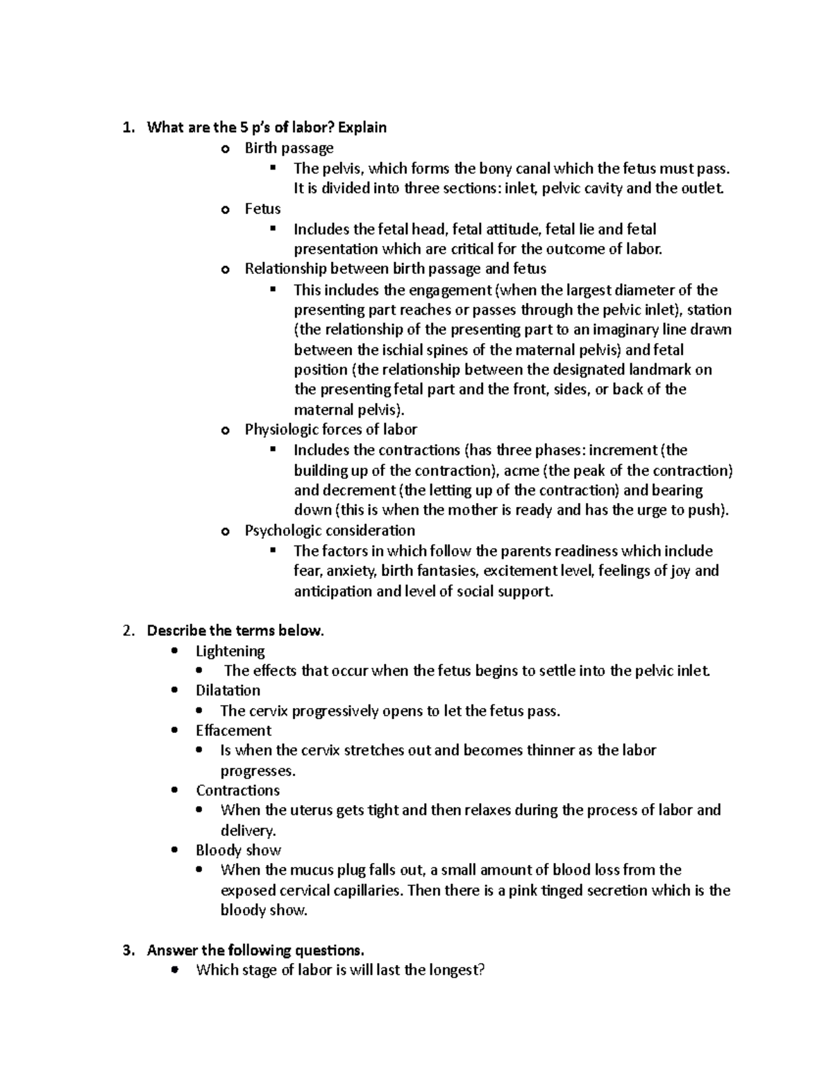 Repro Worksheet - 1. What are the 5 p’s of labor? Explain o Birth ...