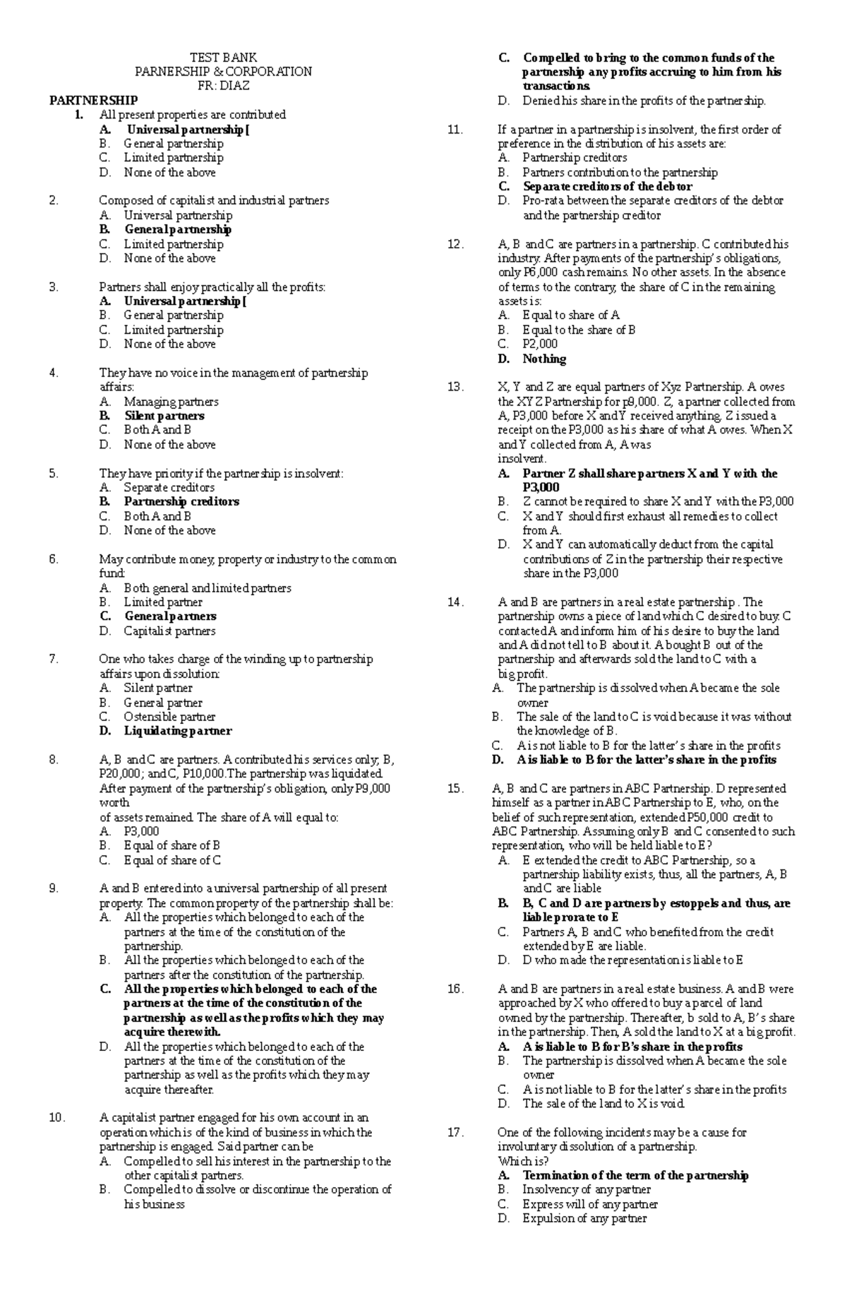 326099105 Test Bank Law 2 Diaz - TEST BANK PARNERSHIP & CORPORATION FR ...