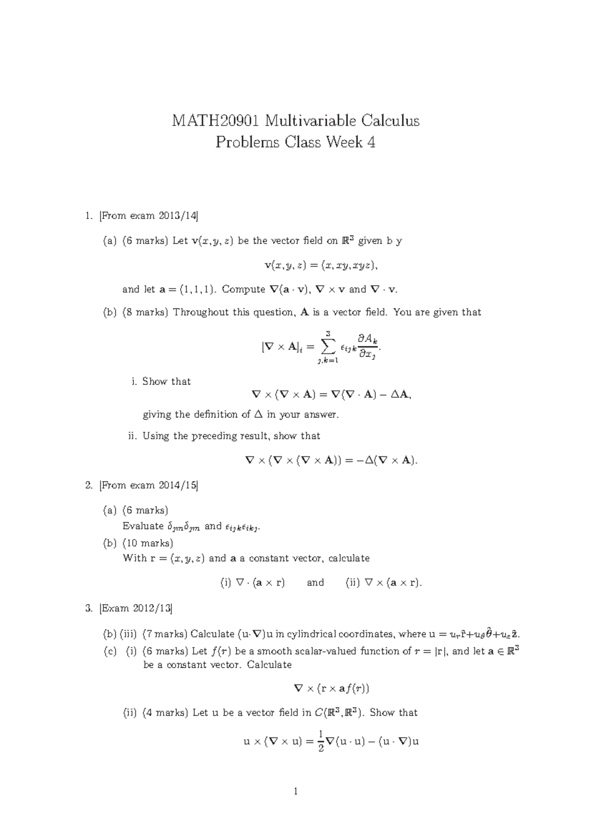 MATH2091 2016-2017 Problem Class - Week 4 - MATH20901 Multivariable ...