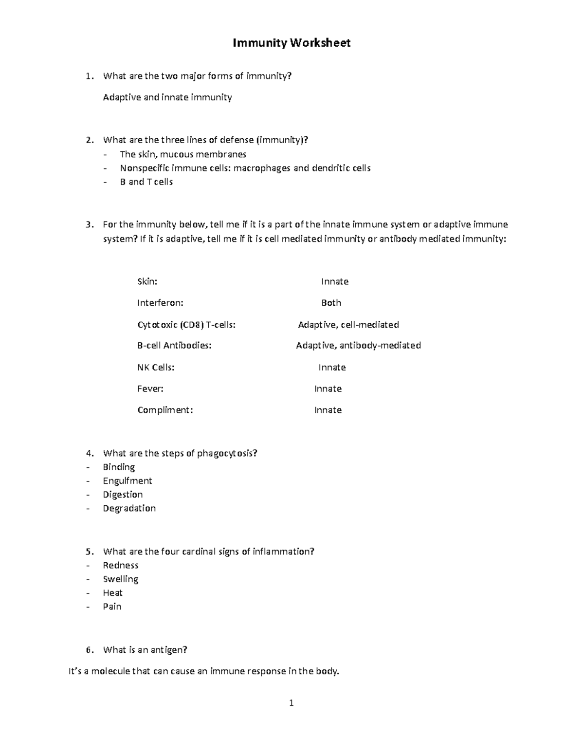 BIOS255 - Immunity Worksheet - Immunity Worksheet 1 What are the two ...