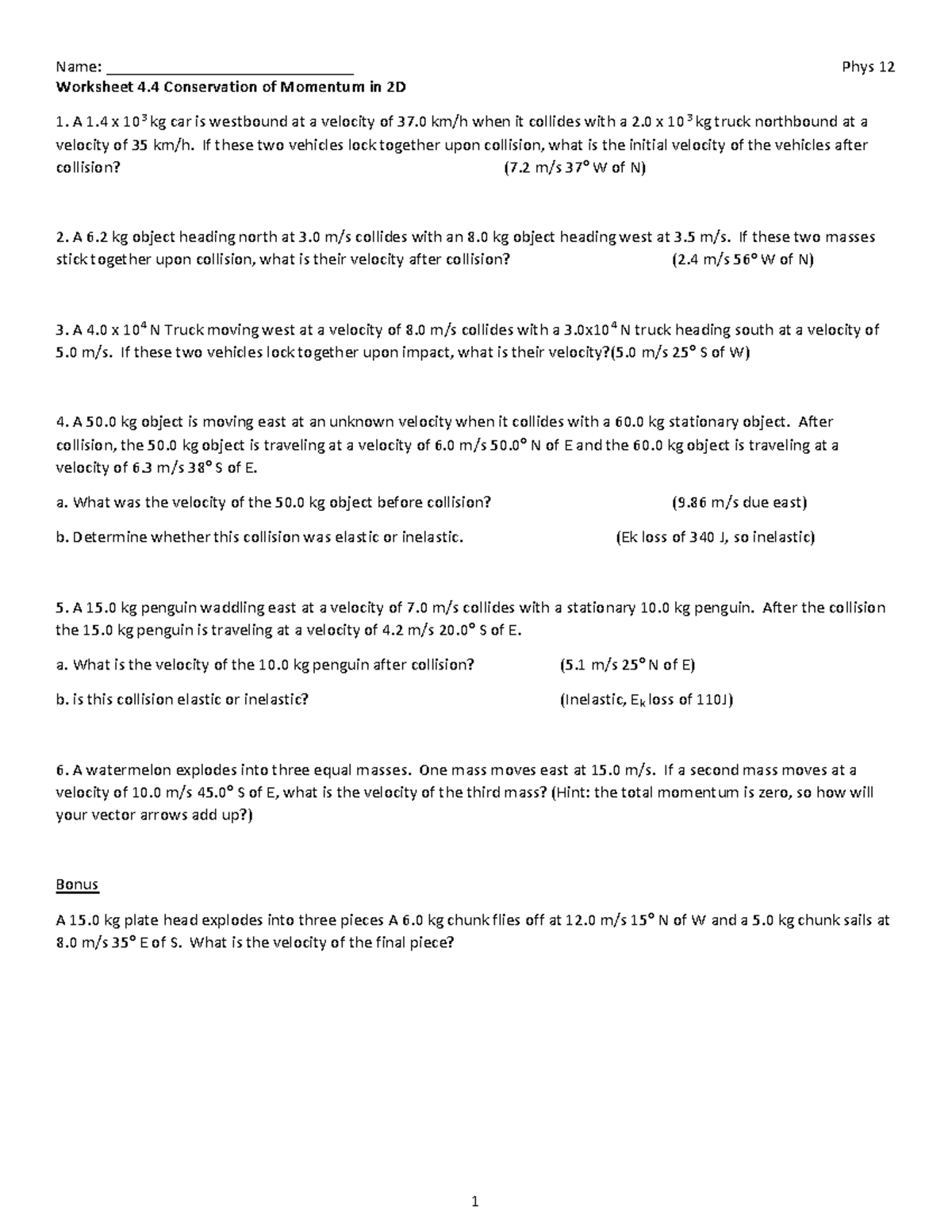 2D Conservation Of Momentum Worksheet - Name ...