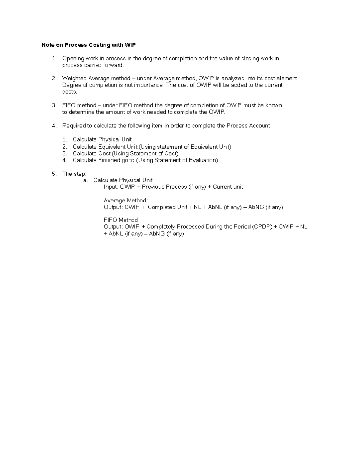 Notes for Process Costing with Work In Process - Note on Process ...