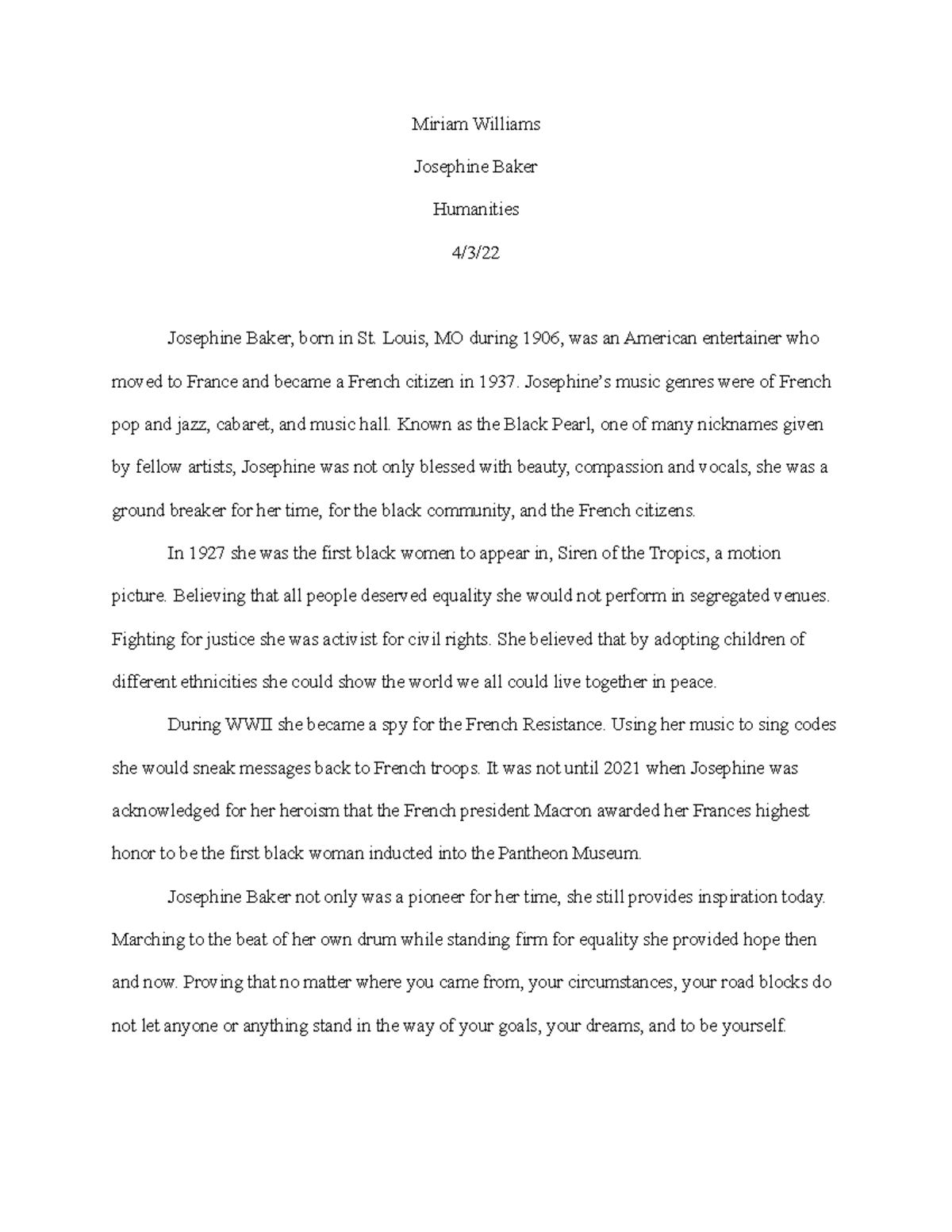Week 5-Josephine Baker - Miriam Williams Josephine Baker Humanities 4/3