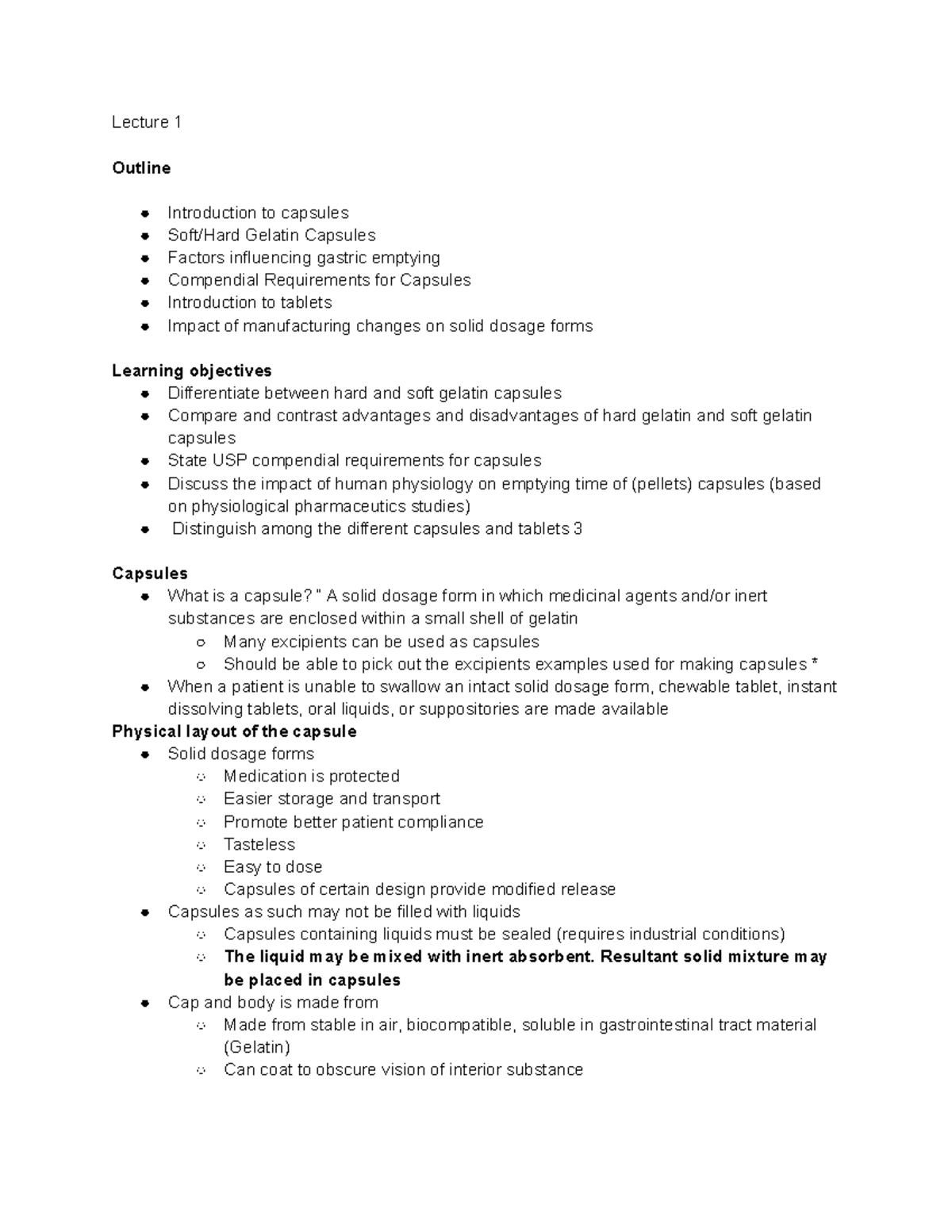 Pharmaceutics Exam II Notes - Lecture 1 Outline Introduction to ...