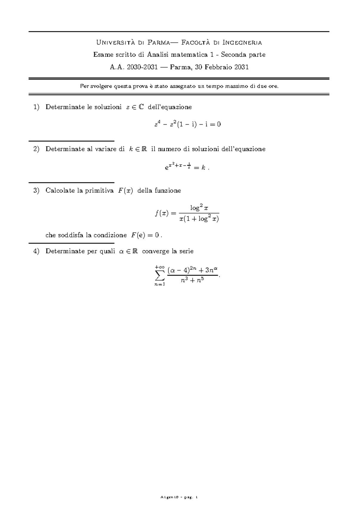 Prova D'Esame Analisi Matematica 1 2016, Domande - Di Facolta Di ...