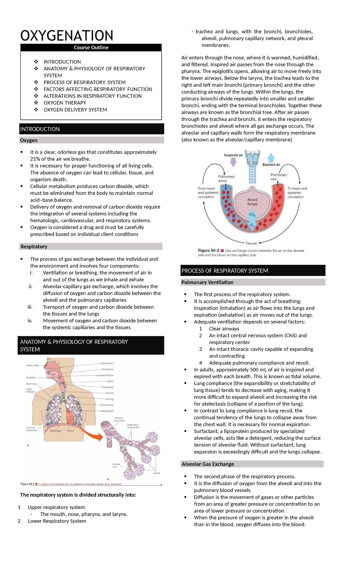 Oxygenation - Nursing notes - OXYGENATION Course Outline INTRODUCTION ...