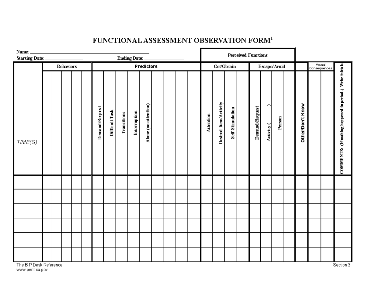 Functional Assessment Form Functional Assessment Observation Form 1 Name Perceived Functions 2766