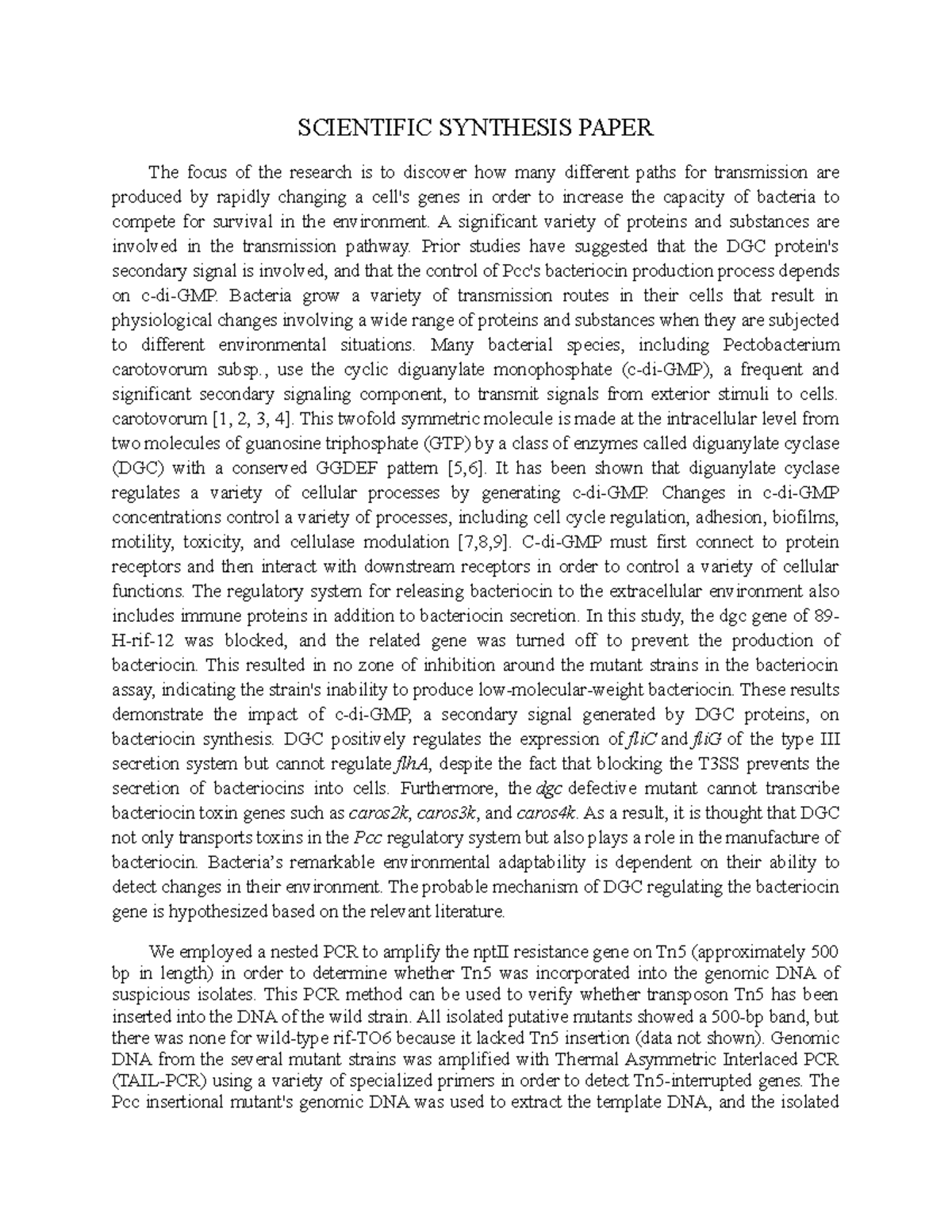 Scientific Systhesis Paper - SCIENTIFIC SYNTHESIS PAPER The focus of ...