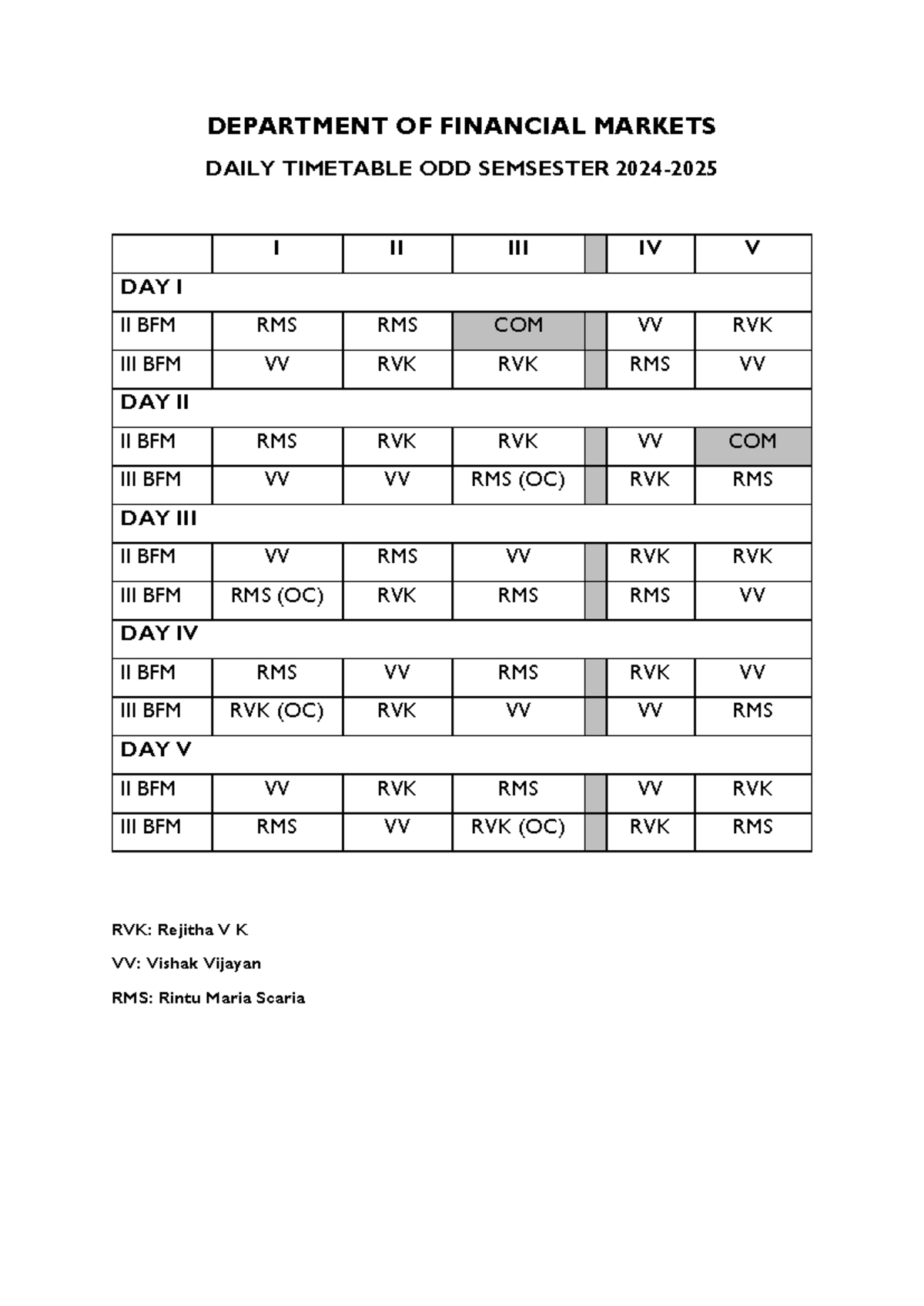Timetable odd 2024-25 - Study - DEPARTMENT OF FINANCIAL MARKETS DAILY ...