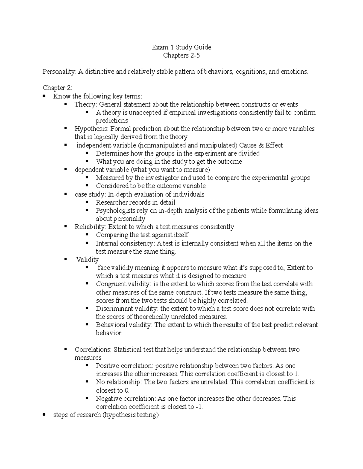 Exam 1 Study Guide - Exam 1 Study Guide Chapters 2- Personality: A ...