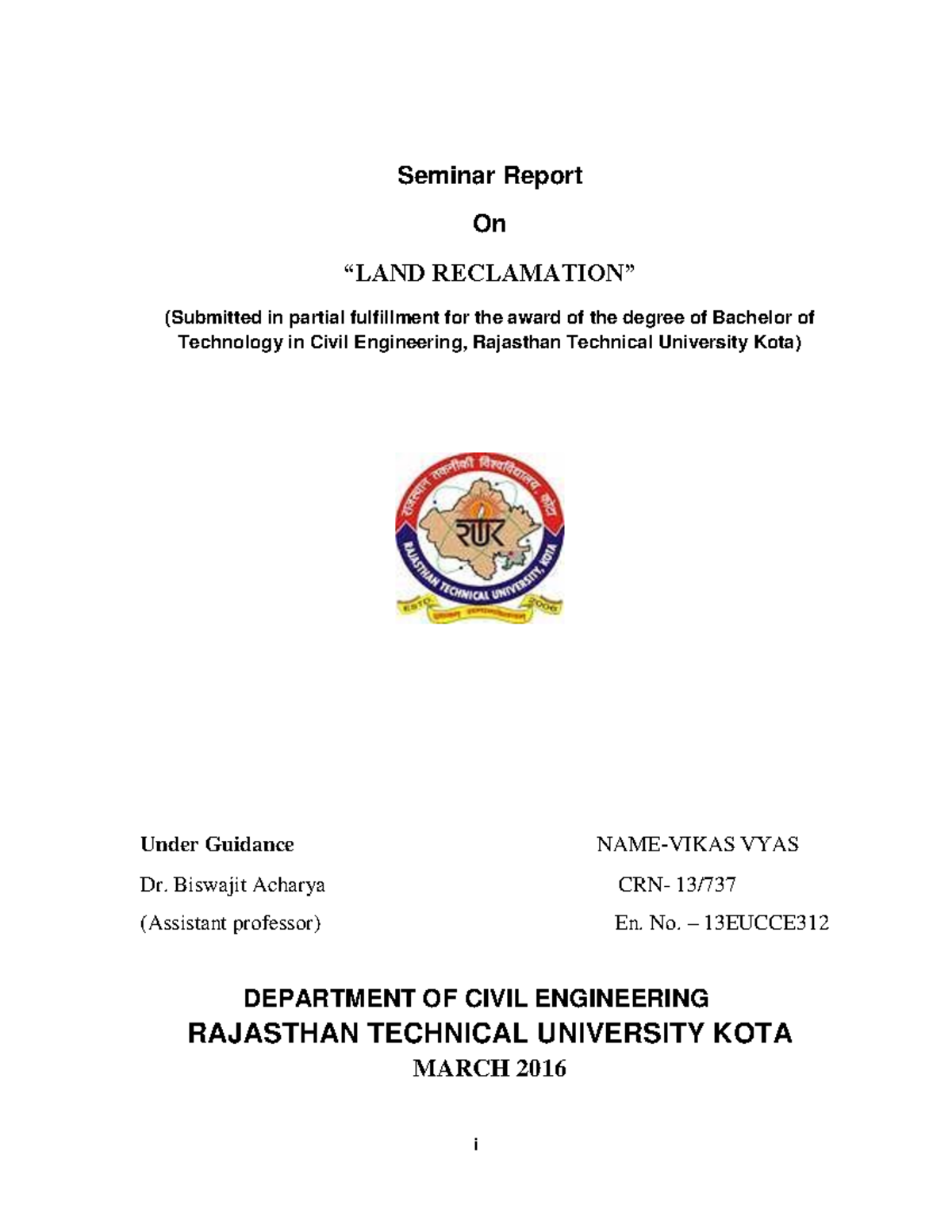 Final Report - i Seminar Report On “LAND RECLAMATION” (Submitted in ...