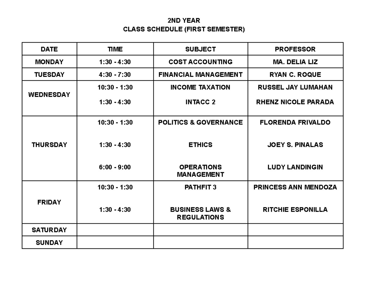 Schedule for First Semester 2nd Y - 2ND YEAR CLASS SCHEDULE (FIRST ...