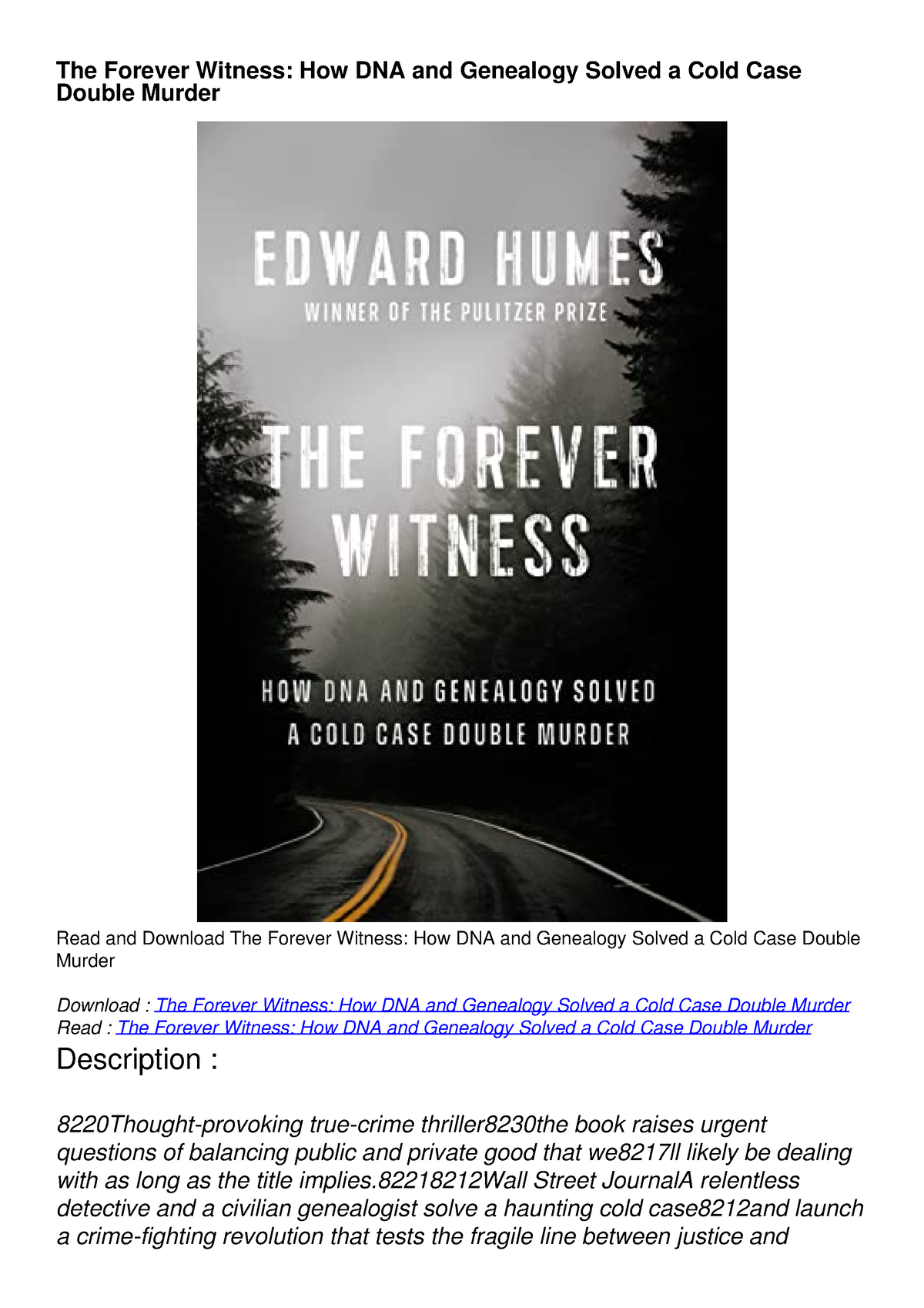 DOWNLOAD/PDF The Forever Witness: How DNA And Genealogy Solved A Cold ...