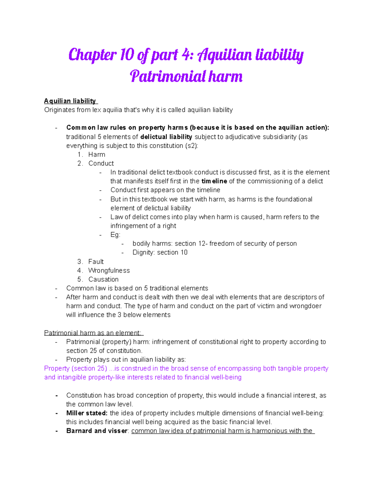 Delict semester 2 - Chapter 10 of part 4: Aquilian liability ...
