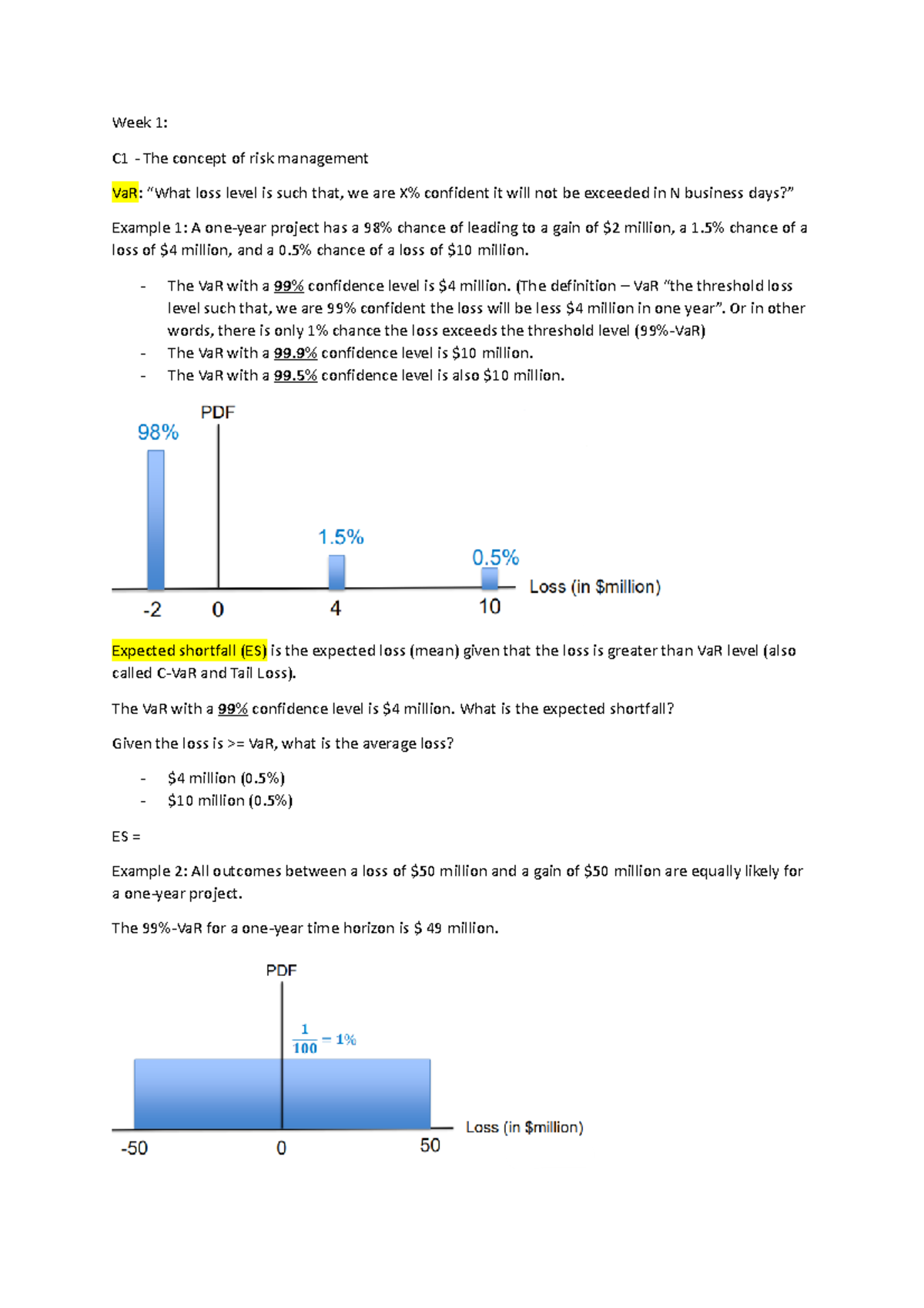 FIN382 Notes - Week 1: C1 - The concept of risk management VaR: “What ...