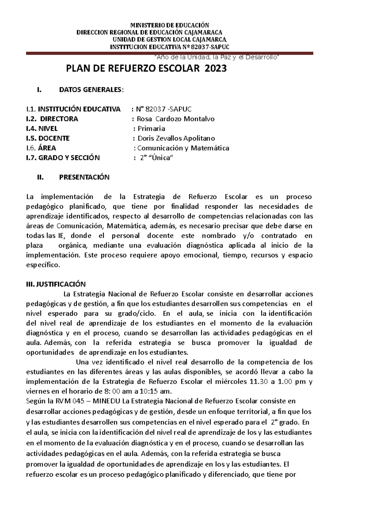 PLAN DE Refuerzo Escolar Segundo Grado 2023 - DIRECCION REGIONAL DE ...