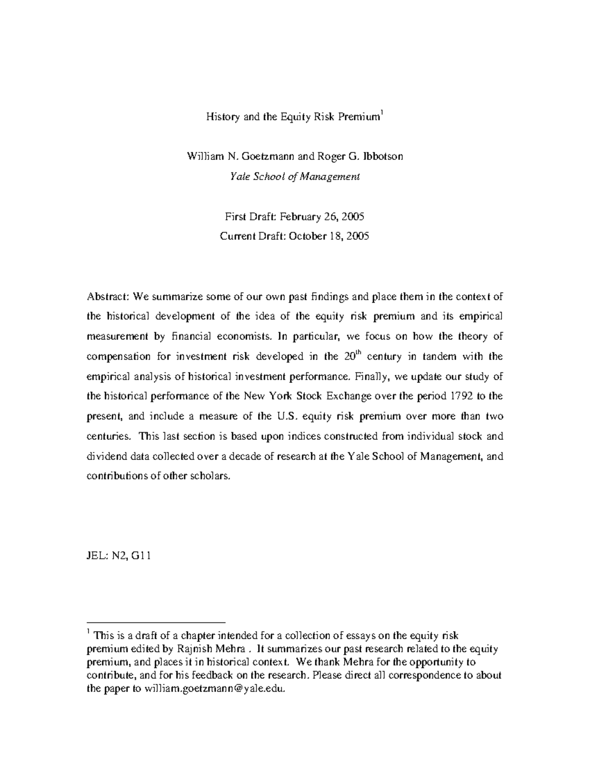 Goetzmann - History and Equity Risk Premium - History and the Equity ...