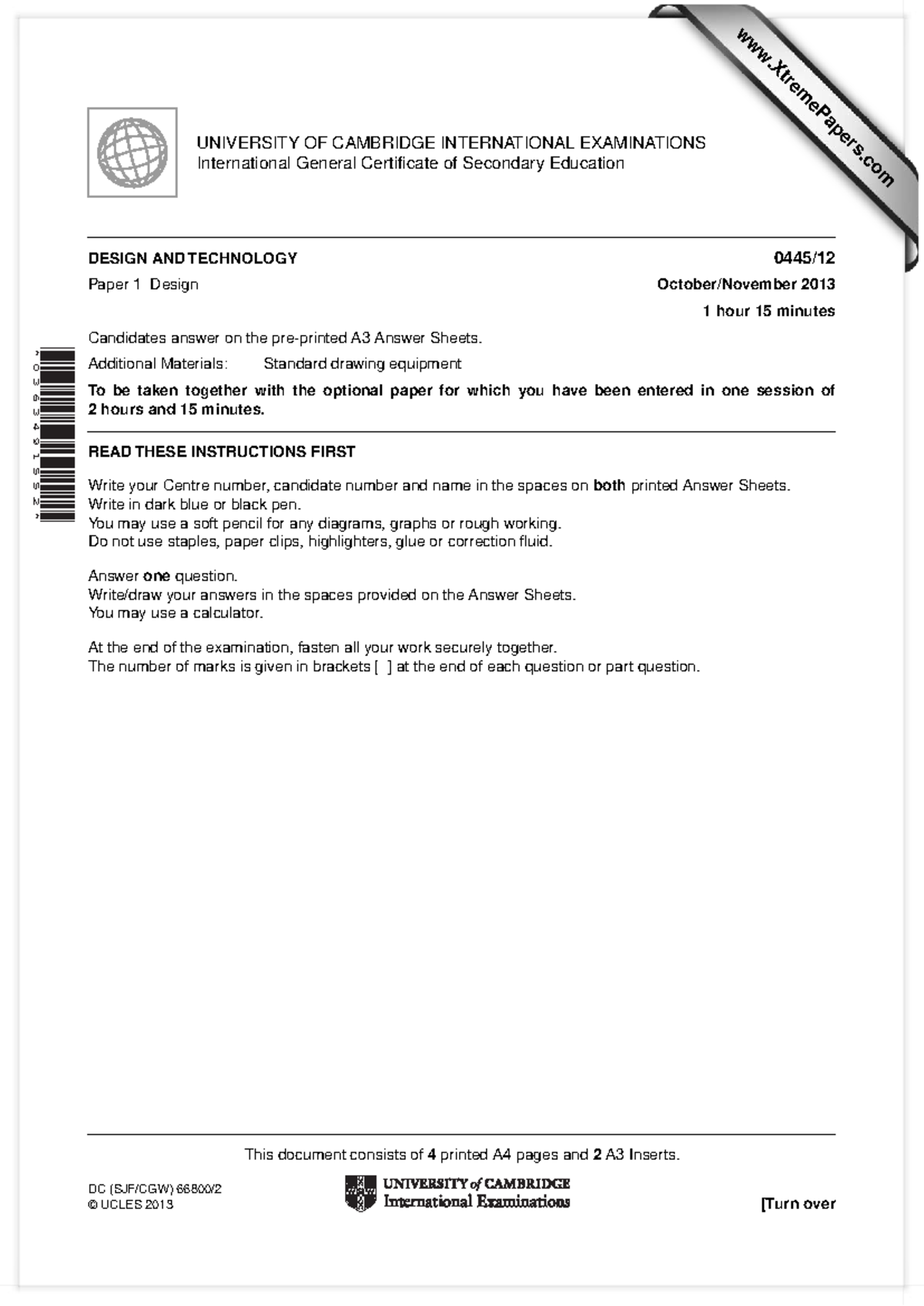 0445 w13 qp 12 - Sample Paper - This document consists of 4 printed A4 ...