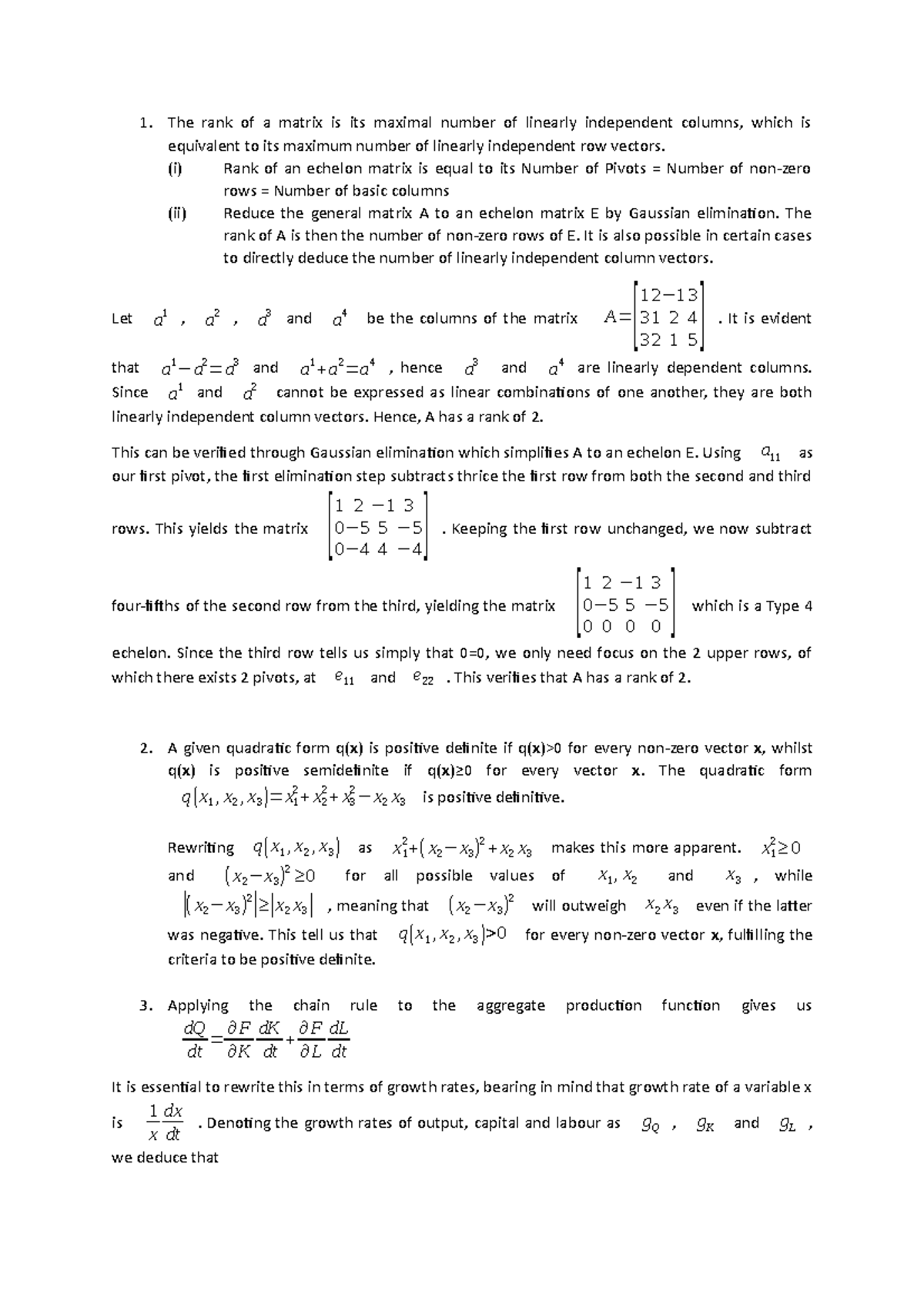 ECON0006 Assignment 1 - 1. The rank of a matrix is its maximal number ...