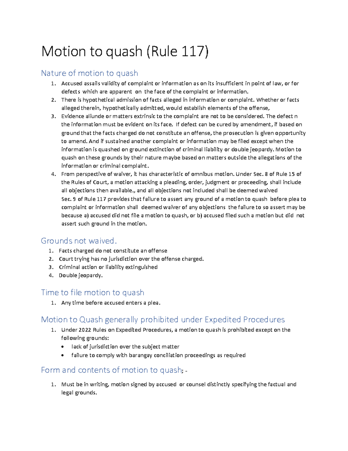 Motion To Quash - Notes - Motion To Quash (Rule 117) Nature Of Motion ...