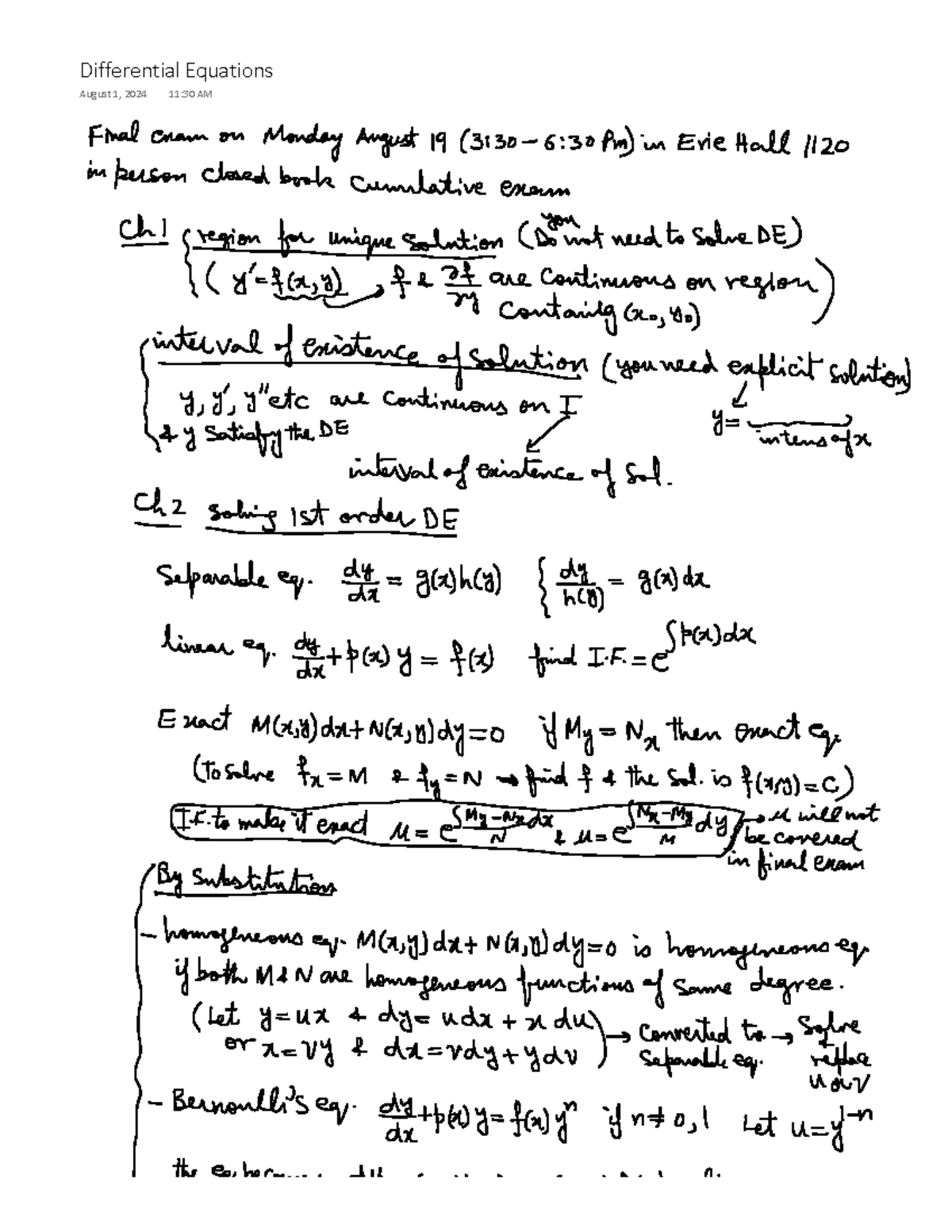 2790Final ReviewS24 Final exam review Differential Equations