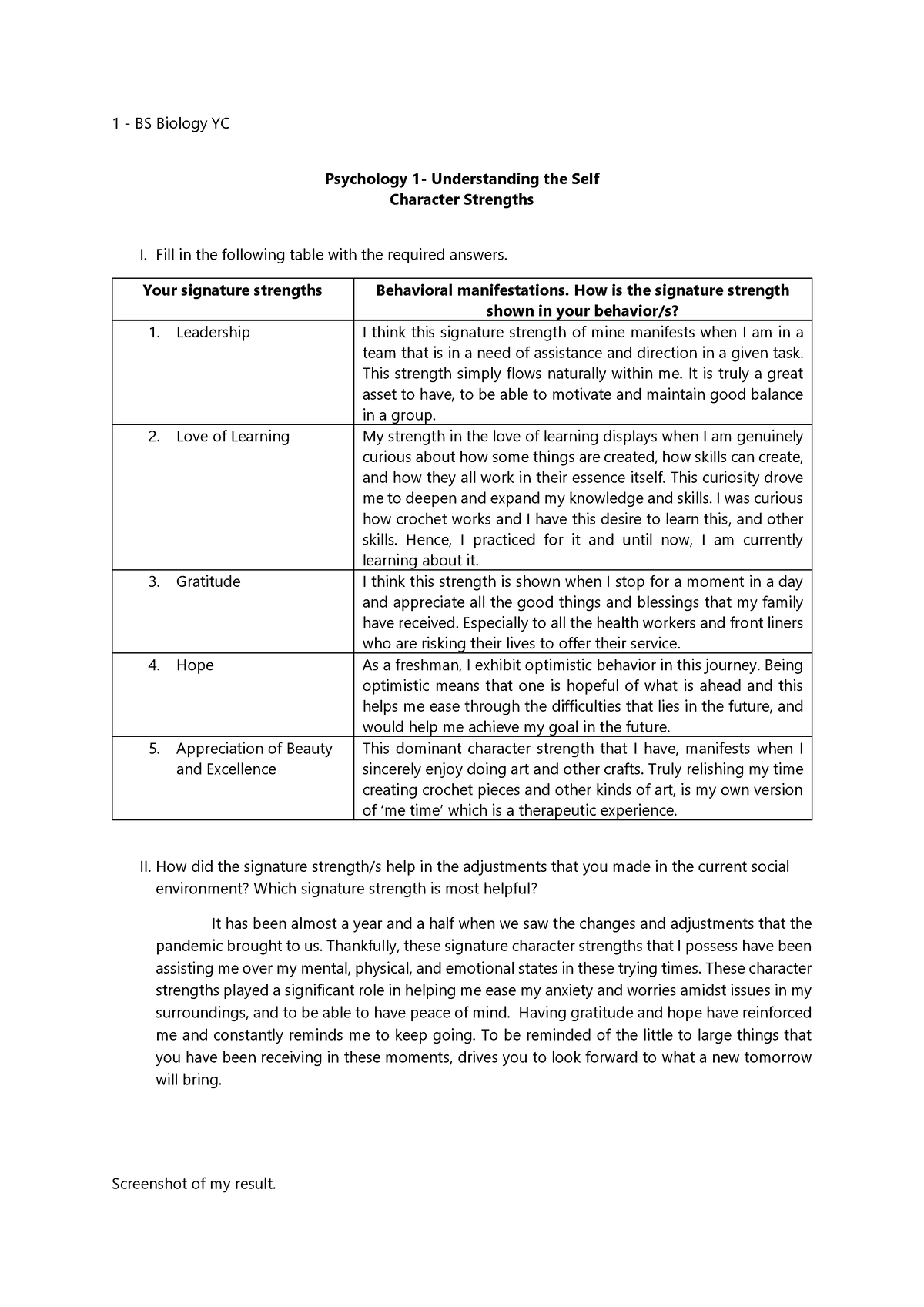 PSY Understanding the Self - Character Strengths - 1 - BS Biology YC ...