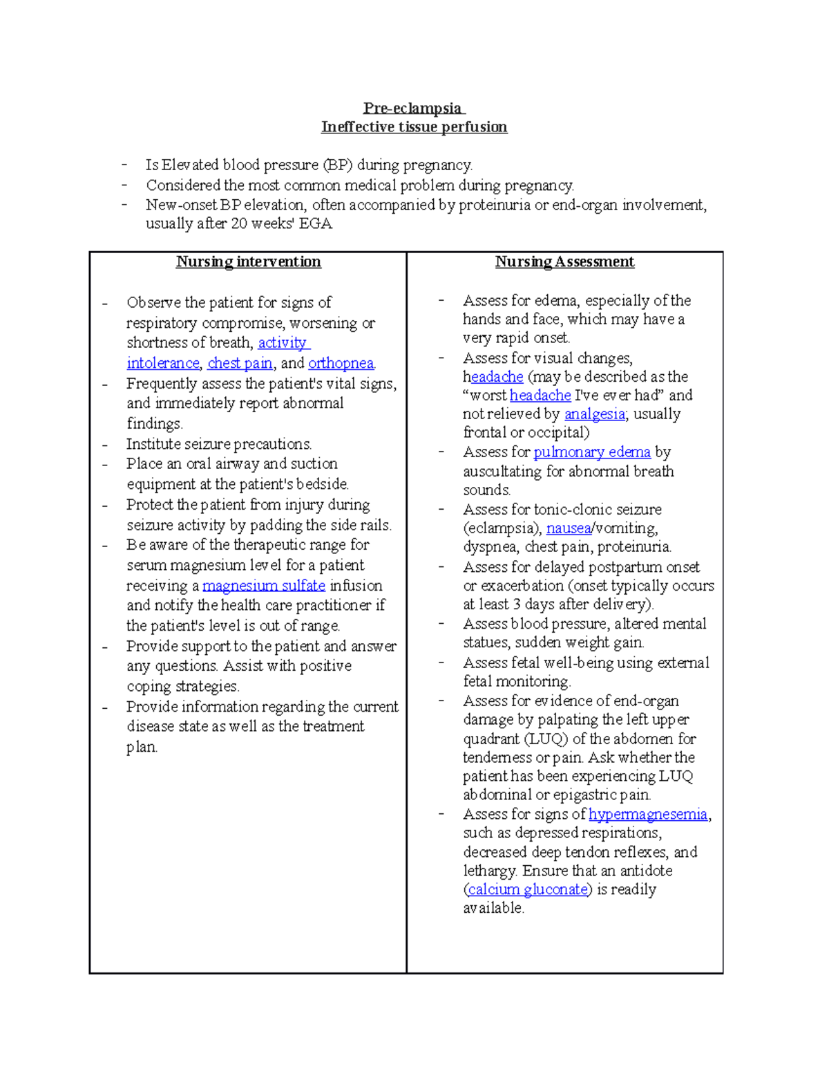 Preeclampsia Concept Map Preeclampsia Ineffective tissue perfusion
