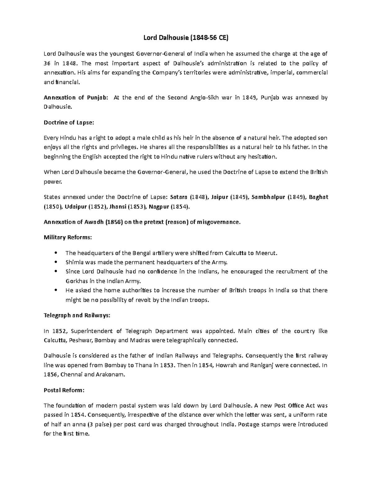 Lord Dalhousie history Lord Dalhousie (184856 CE) Lord Dalhousie was the youngest Studocu