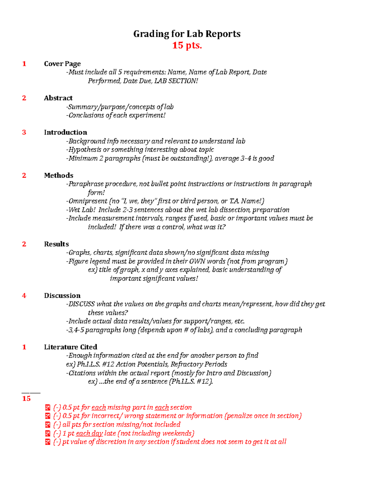 CHE201-202 Grading for Lab Reports - Grading for Lab Reports 15 pts. 1 ...