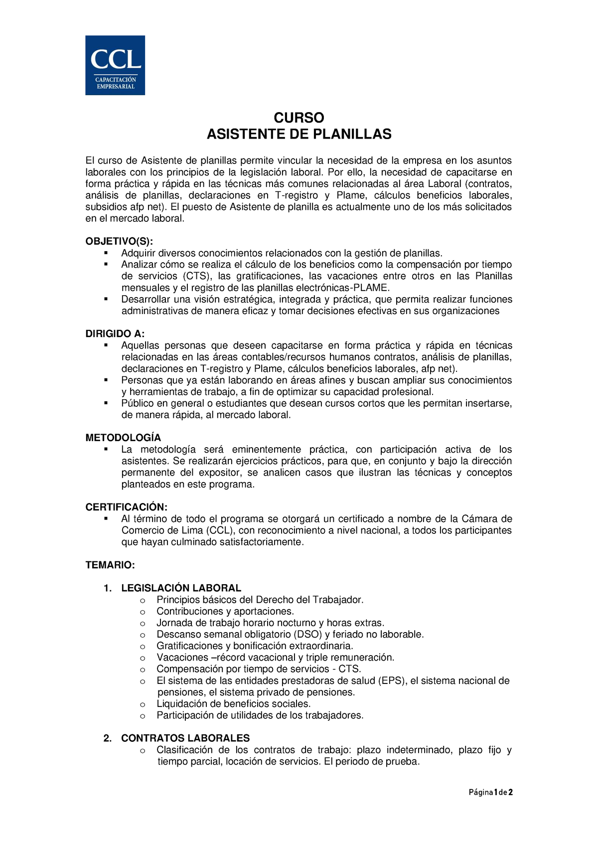 Asistente Planilla Contenidos De Curso P·gina 1 De 2 Curso Asistente De Planillas El Curso 5736