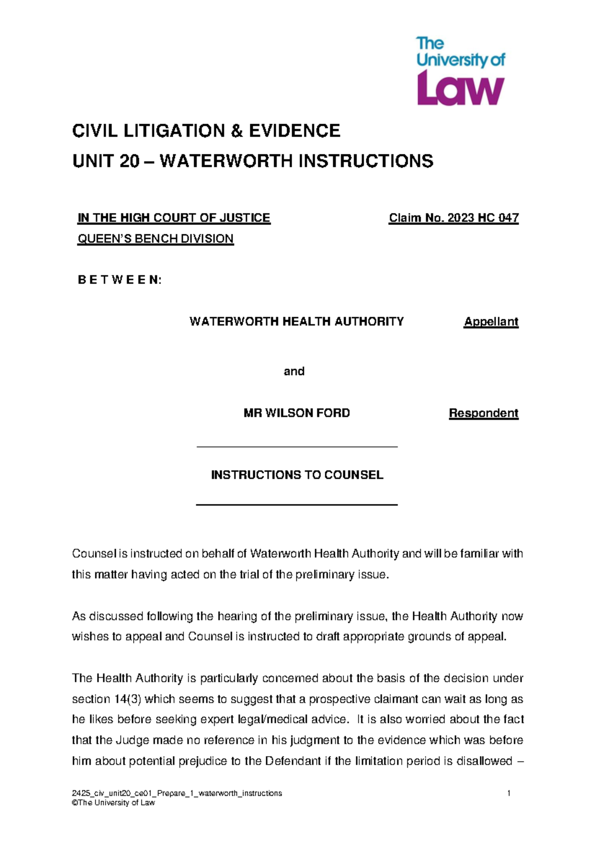2425 civ unit20 ce01 case papers instructions waterworth ha v wilson ...