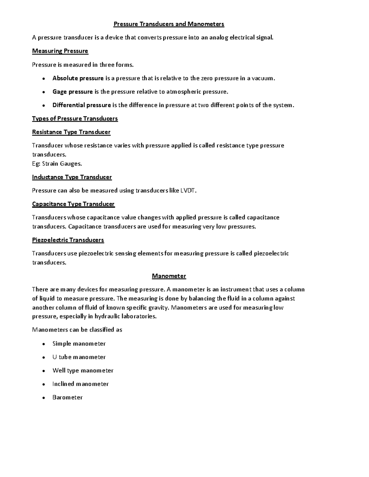 Mod3 Sensors And Transducers Pressure Transducers and Manometers A