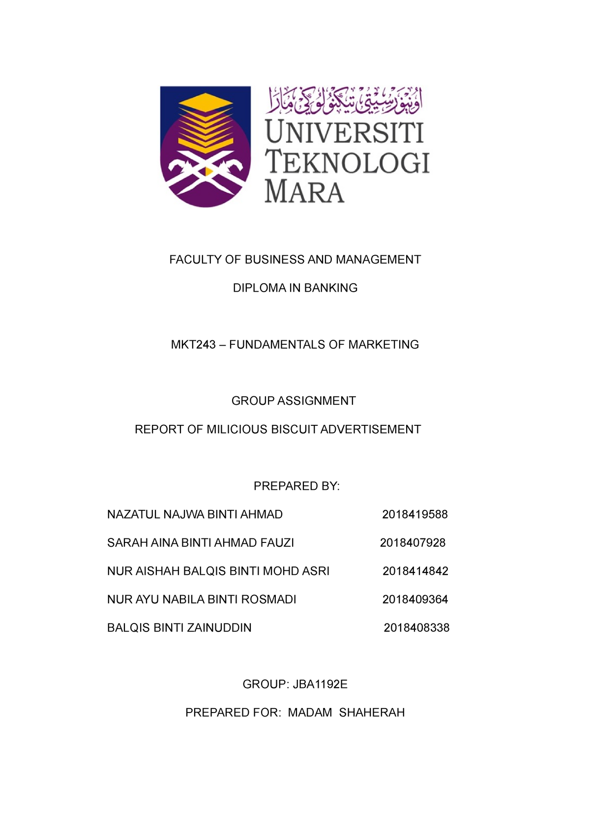 mkt 243 assignment report uitm