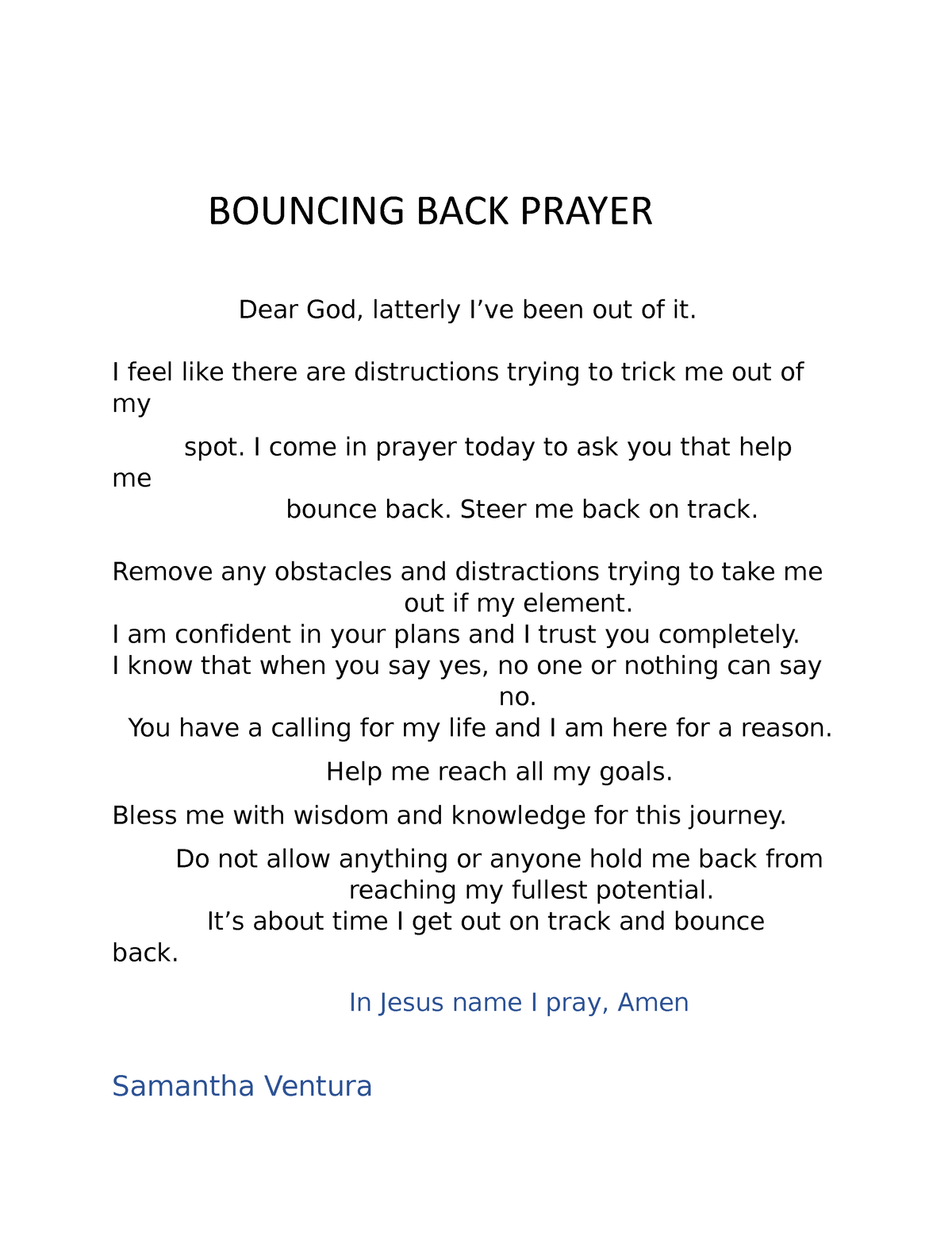 Bouncing BACK Prayer - In this lesson you will know - BOUNCING BACK