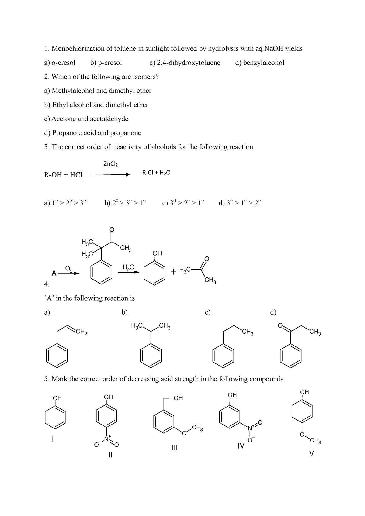 Qn paper - Copy - Monochlorination of toluene in sunlight followed by ...