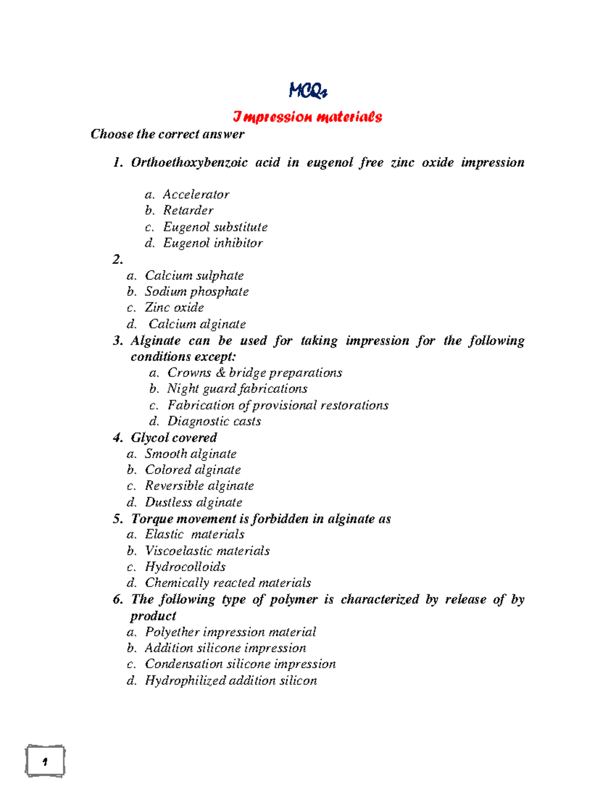 Applied materials mcq Dental material MCQs Impression materials