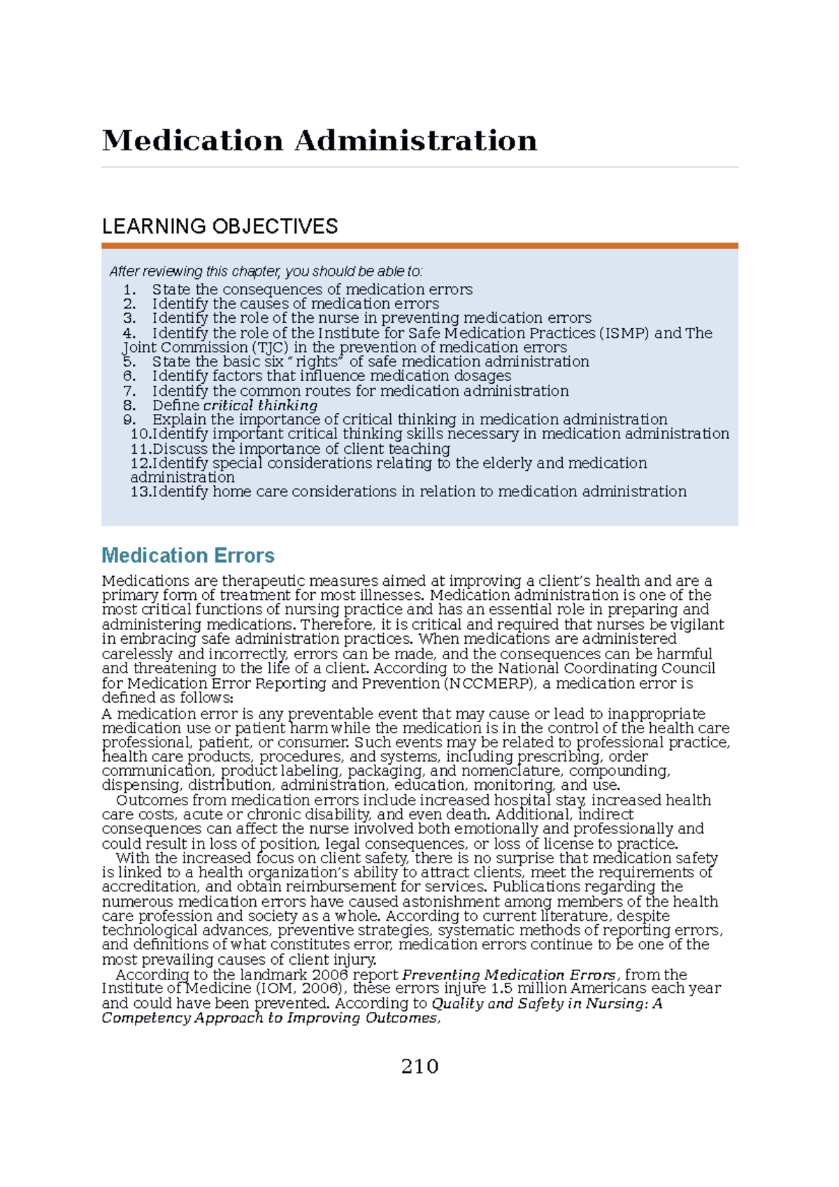 Chapter 10 Textbook reading Medication Administration LEARNING OBJECTIVES After reviewing