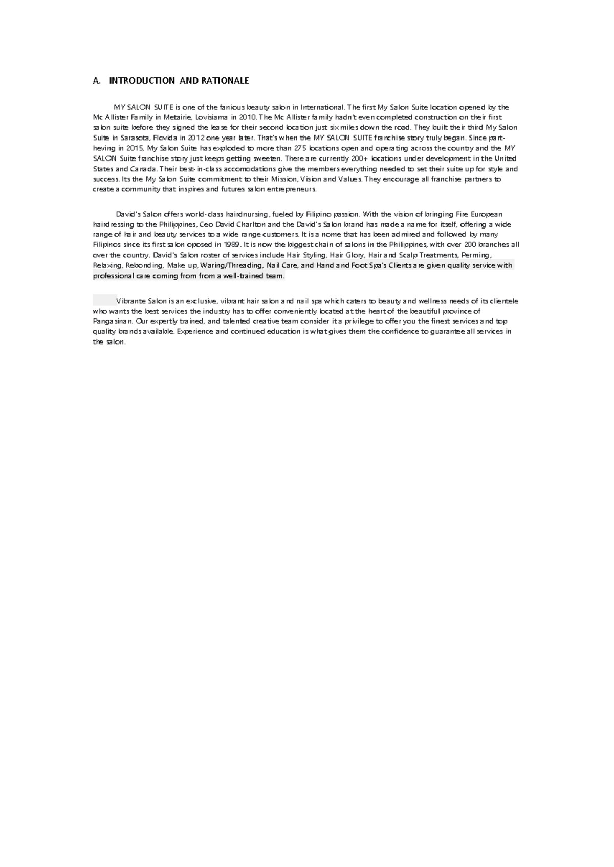 Introduction AND Rationale - A. INTRODUCTION AND RATIONALE MY SALON ...